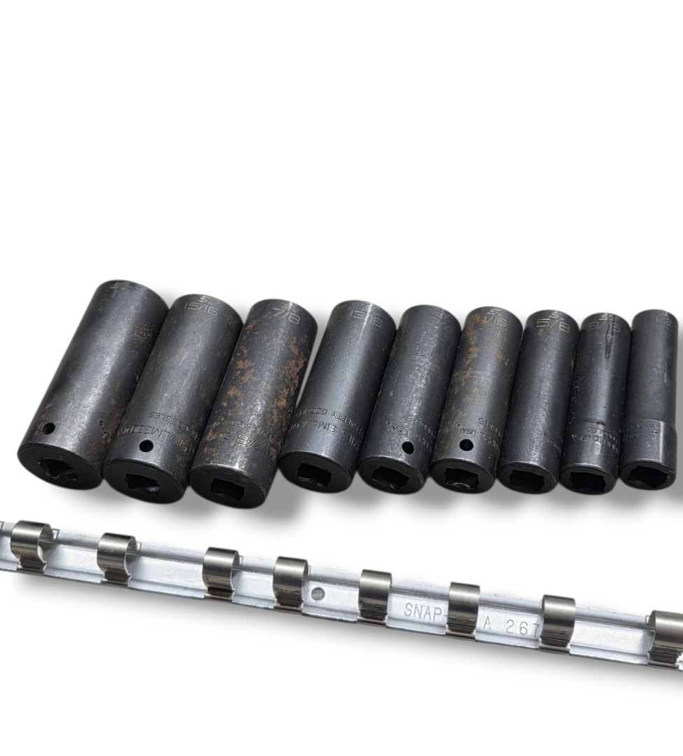 Snap-on 9 Pc 1/2″ Drive SAE Deep Impact Socket Set SIMLM160-SIMLM320 USA w/ Rail