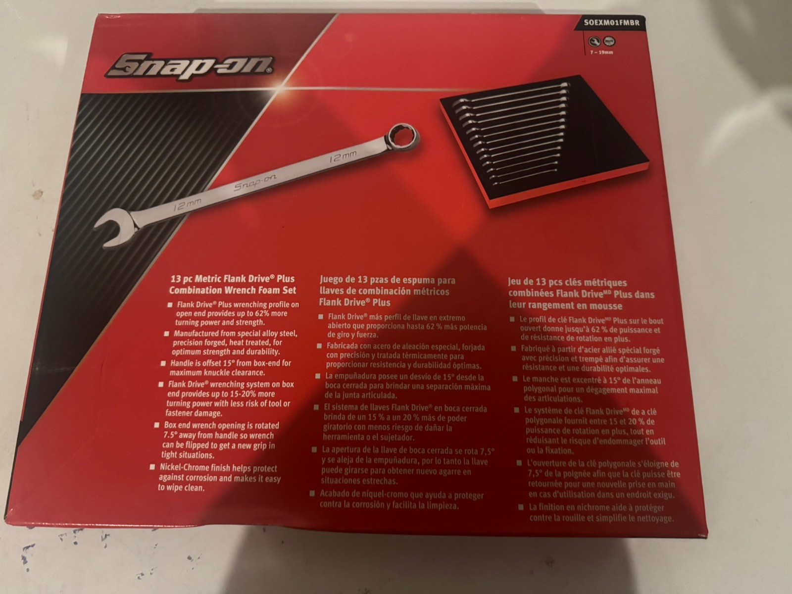 Snap On Tools SOEXM01FMBR 13Pc Metric Combination Wrench Set 7mm-19mm Red Foam