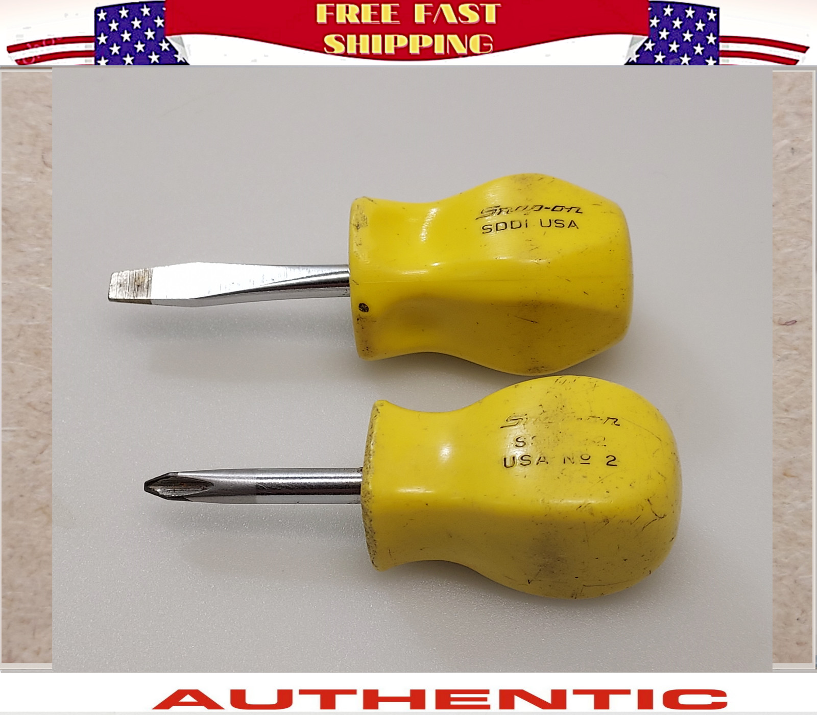 SNAP-ON TOOLS STUBBY SCREWDRIVERS YELLOW SDD1 FLAT TIP AND SDDP2 #2 PHILIPS OEM