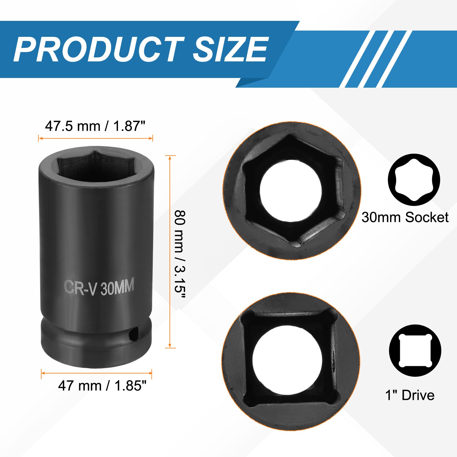 1 Inch Drive 30mm 6 Point Impact Socket Chromium Vanadium Steel