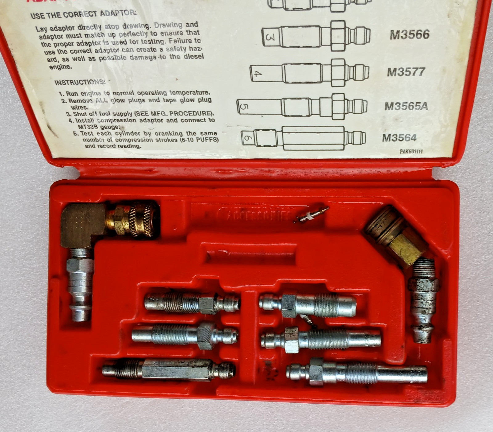Snap On MT3509 Diesel Compression Adaptor Set see description