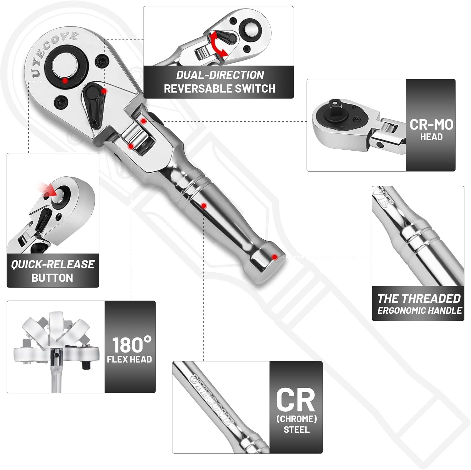 2-Piece 1/4″ & 3/8″ Drive Stubby Ratchet Set – Flexible Head Ergonomic Design