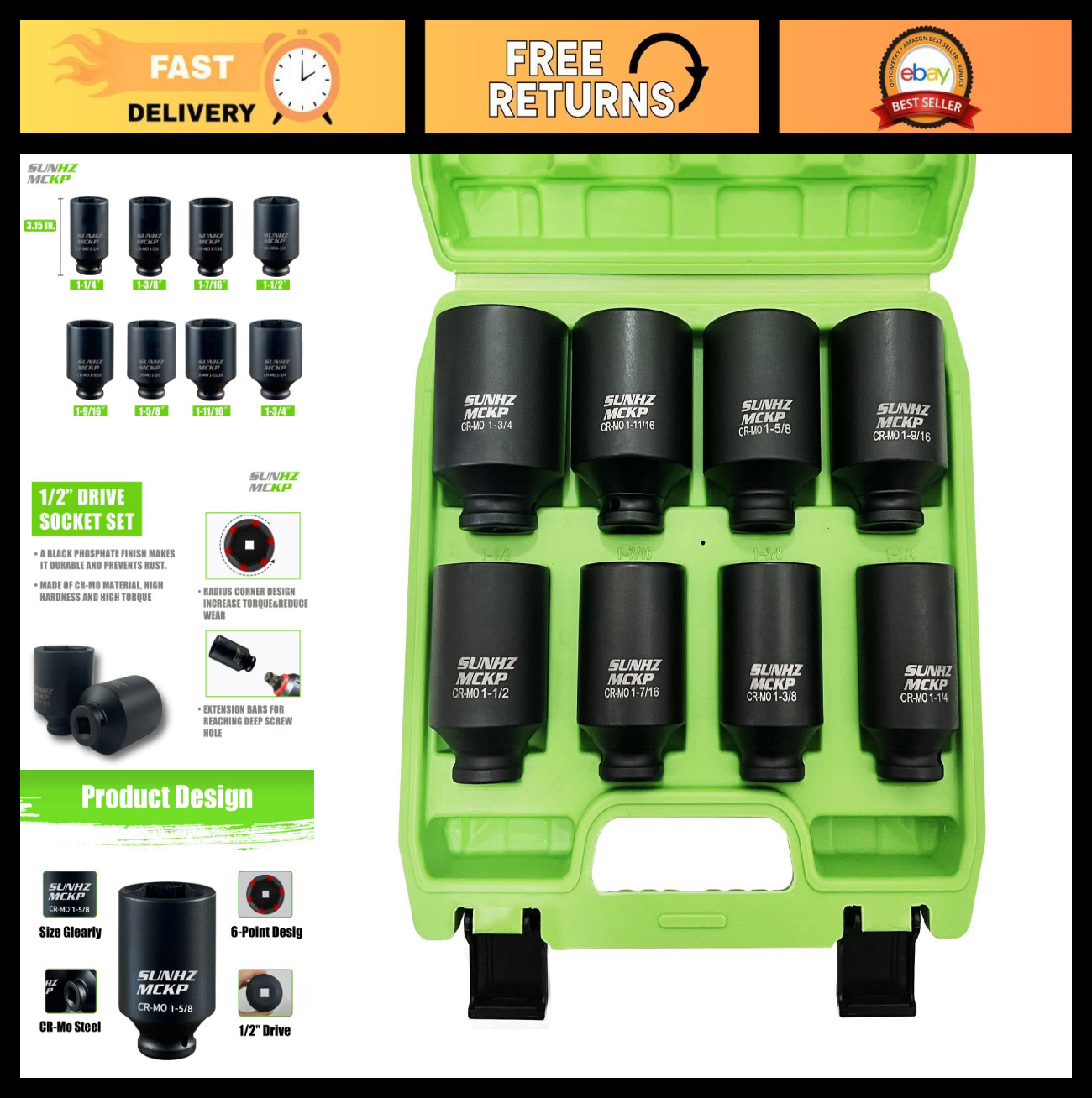 8-Piece 1/2″ Drive Deep 6-Point Impact Socket Set, SAE Cr-Mo, 1-1/4″ to 1-3/4