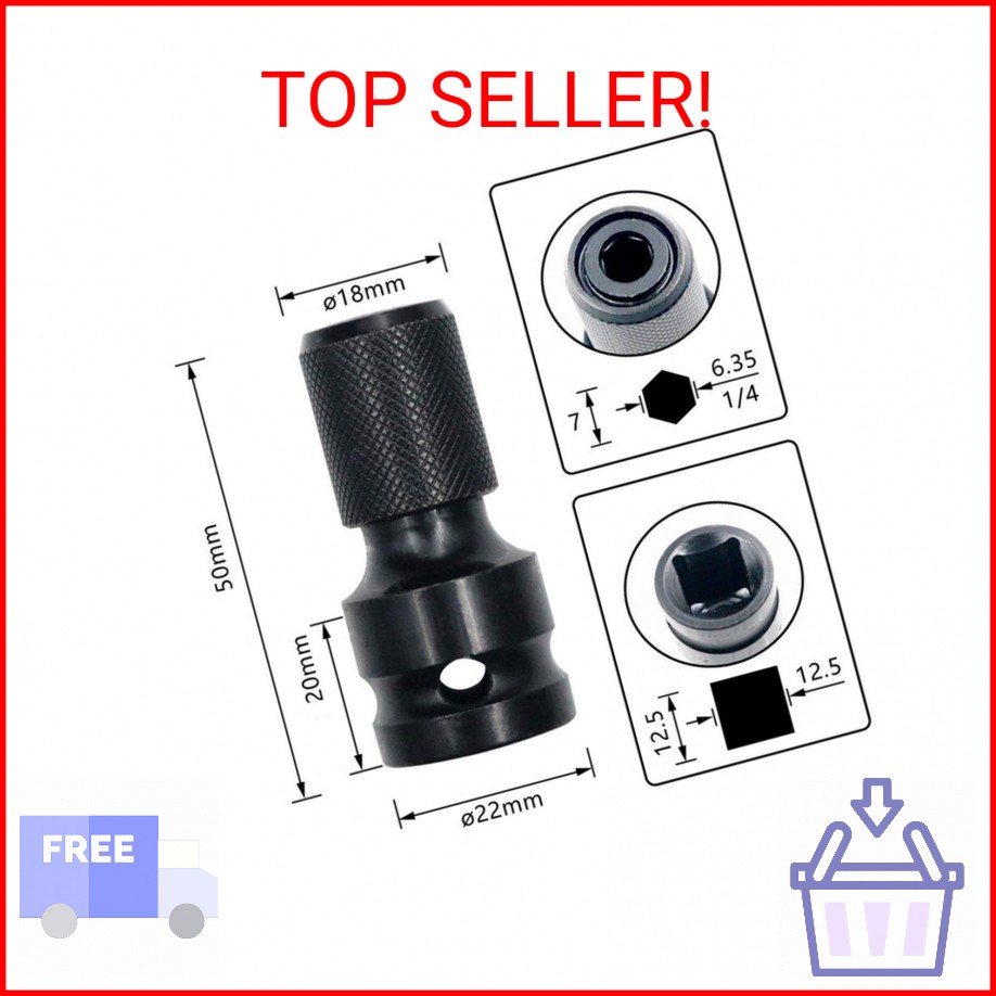 2PCS 1/2 inch Square Drive to 1/4 inch Hex Female Socket Adapter Converter Chuck