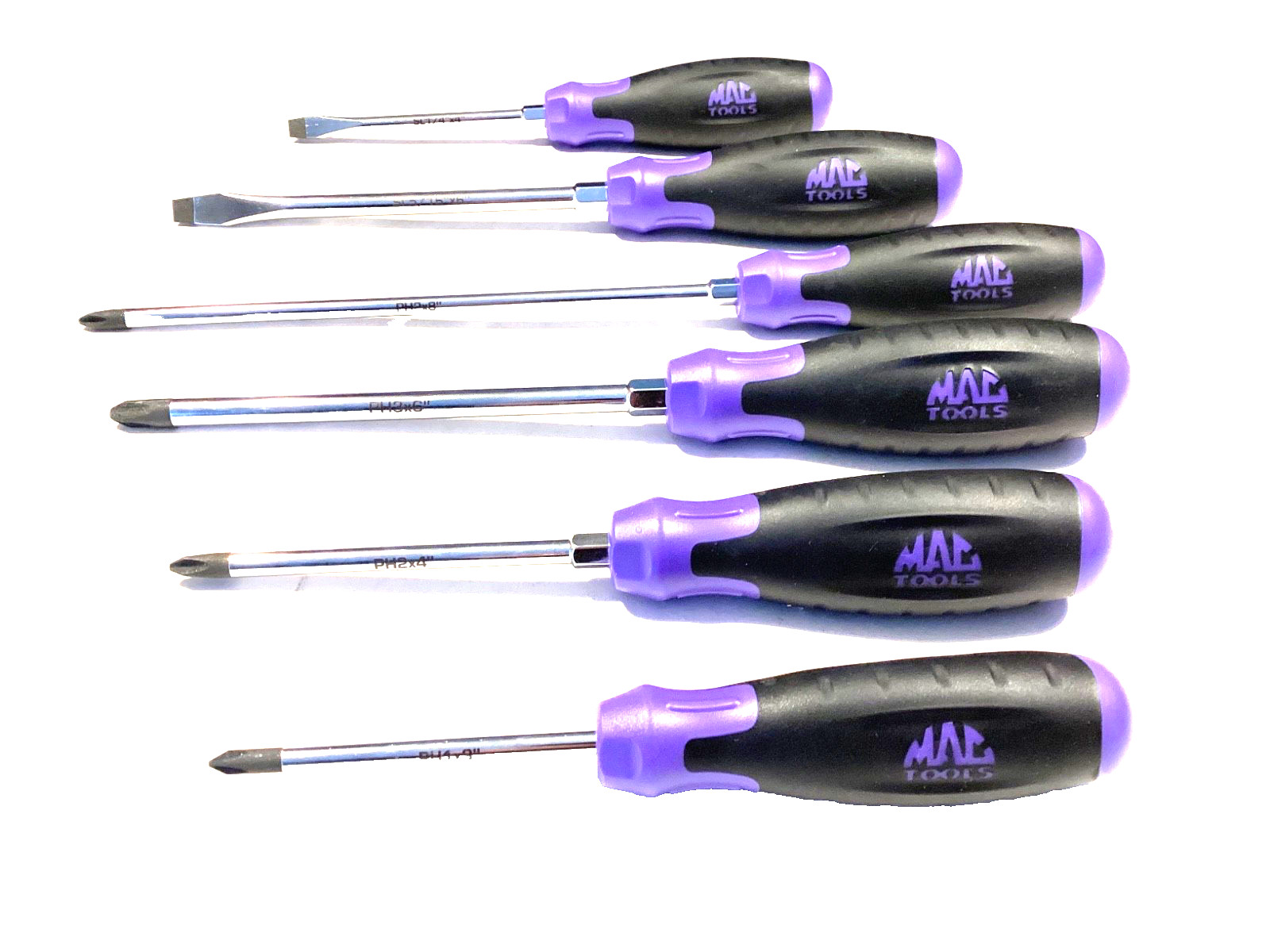 Mac Tools 6 Piece PURPLE Soft Grip Mix Tip Screwdriver Set 4 Phillips 2 Flat NEW