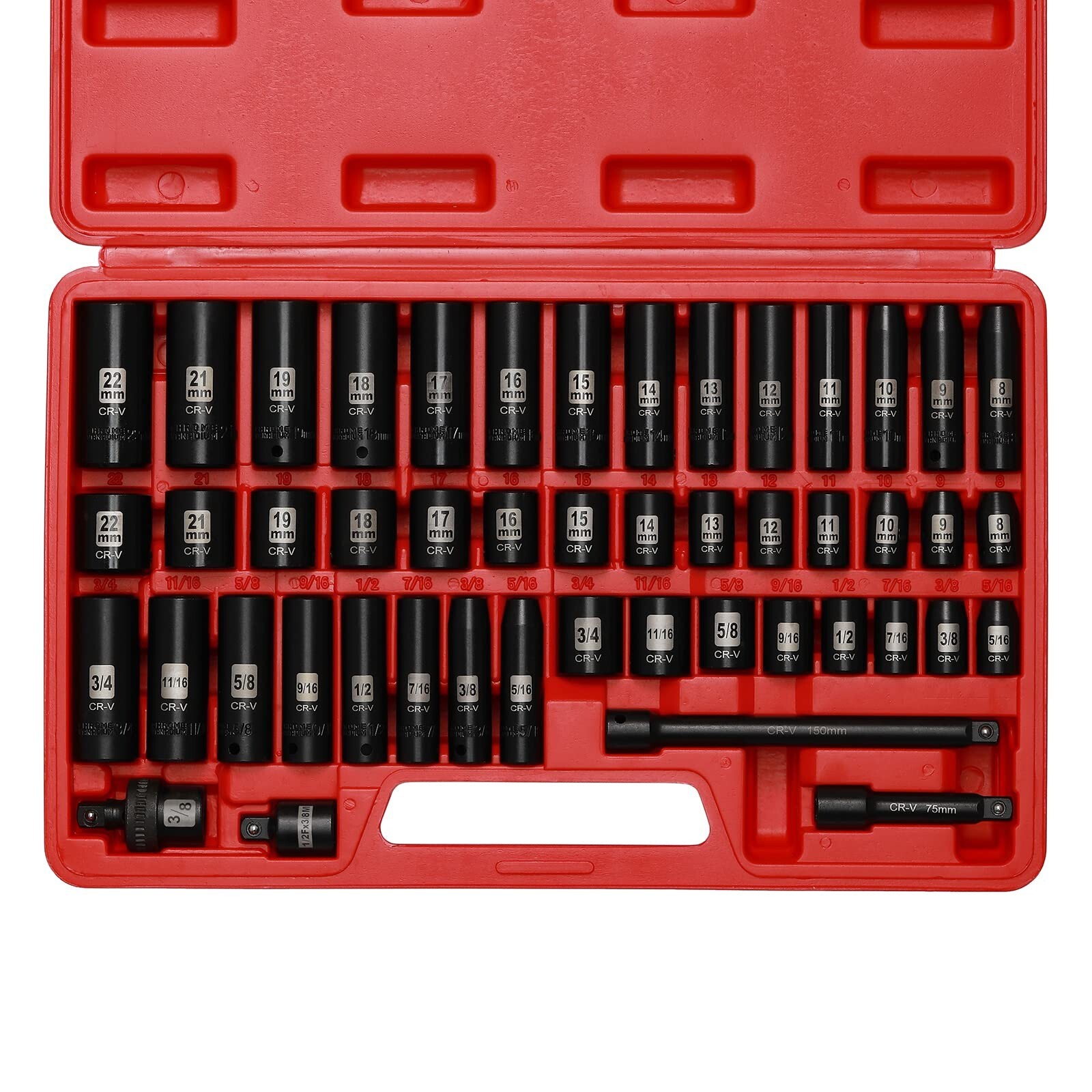 Mayouko 48 Pieces 3/8″ Drive Impact Socket Set, SAE/Metric, 6 Point, CR-V, In…