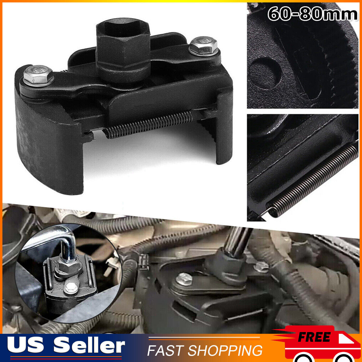 Oil Filter Wrench 2-3/8 to 3-1/8 inch 60mm-80mm Universal Removal Tool 1/2»
