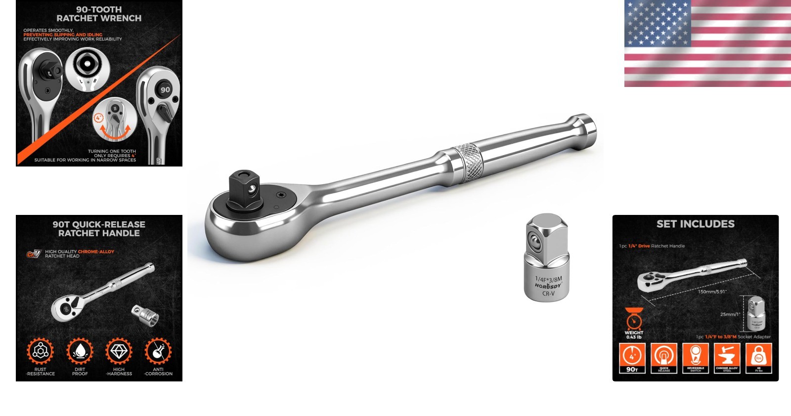 1/4″ Drive 90-Tooth Quick-Release Ratchet Handle with 1/4″ to 3/8″ Adapter, R…