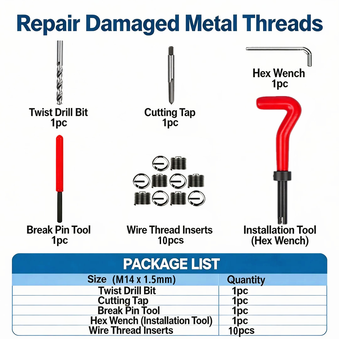 15PC M14 x 1.5 Thread Repair Tool Stainless Helicoil Wire Insert Kit