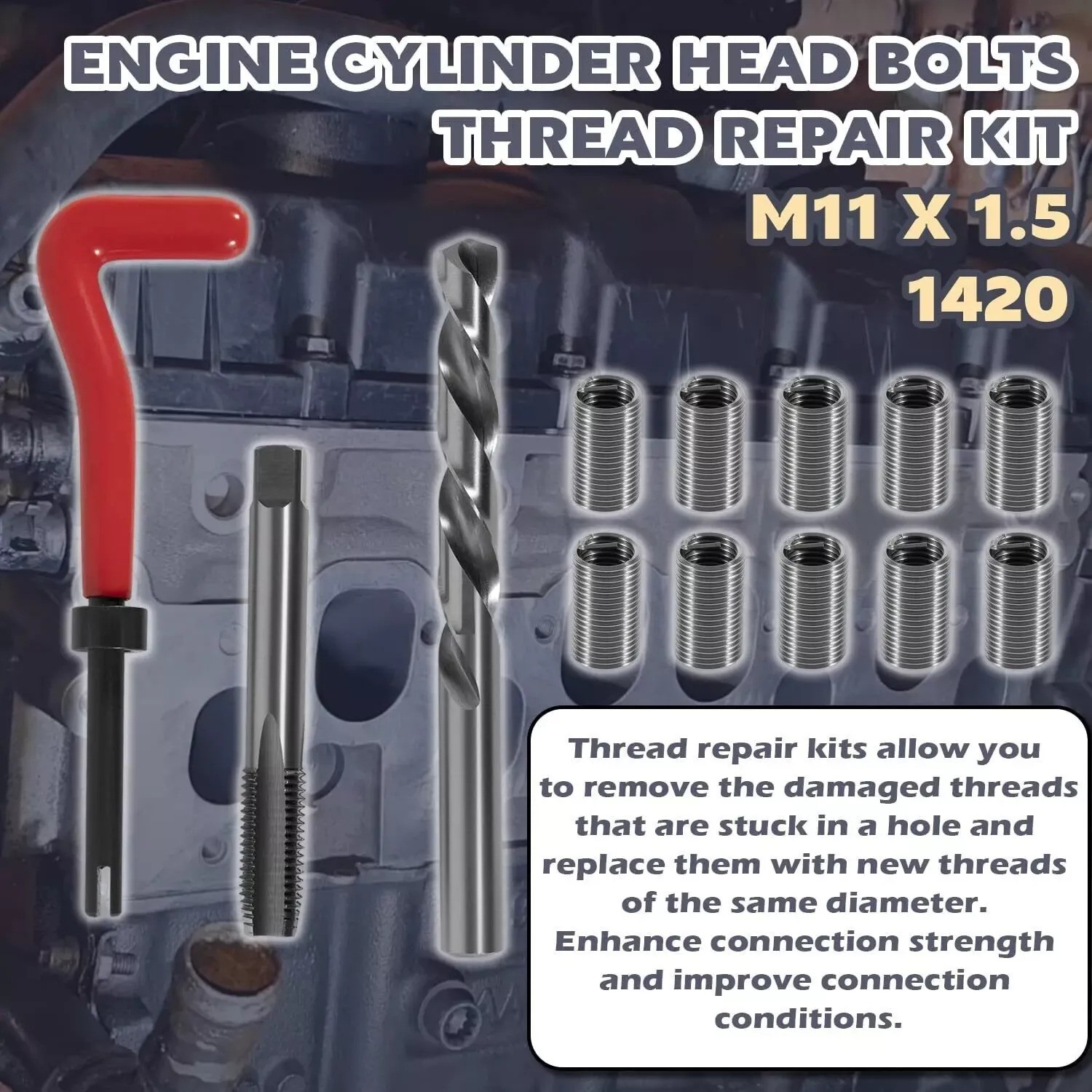 Head Thread Bolt Repair Tool Kit 1420 for Honda B16 Engine, Toyota M11.5mm x 1.5