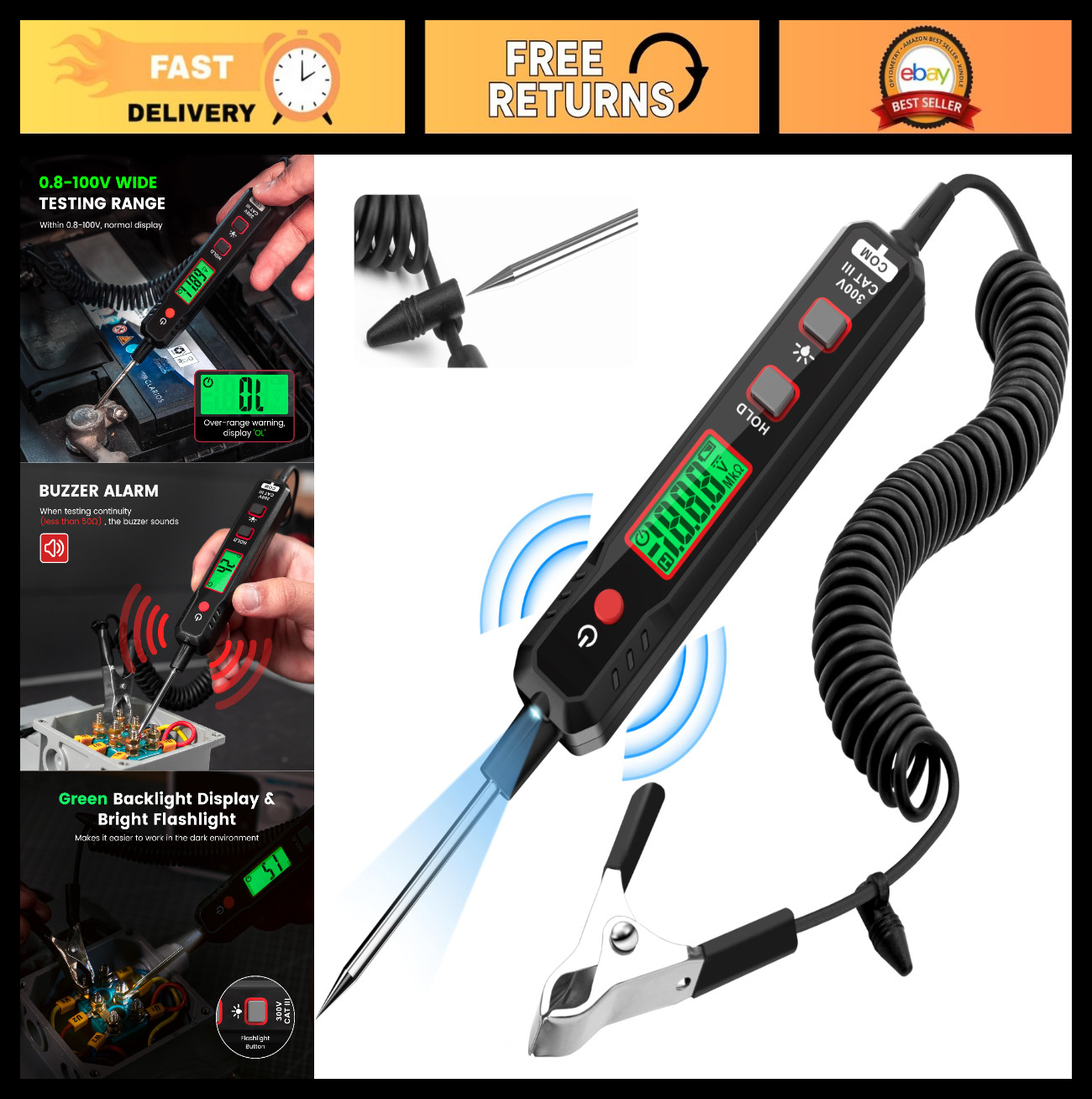 Smart Circuit Tester 0.8V-100V DC Voltage Meter, Digital Test Light, Backlight,