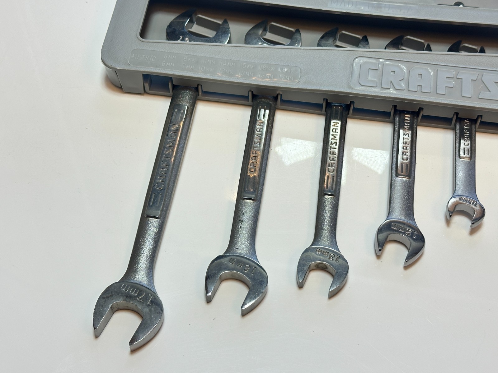 NOS Craftsman USA VV Series 7pc Metric Open-End Wrench Set (6mm – 19mm), Carrier