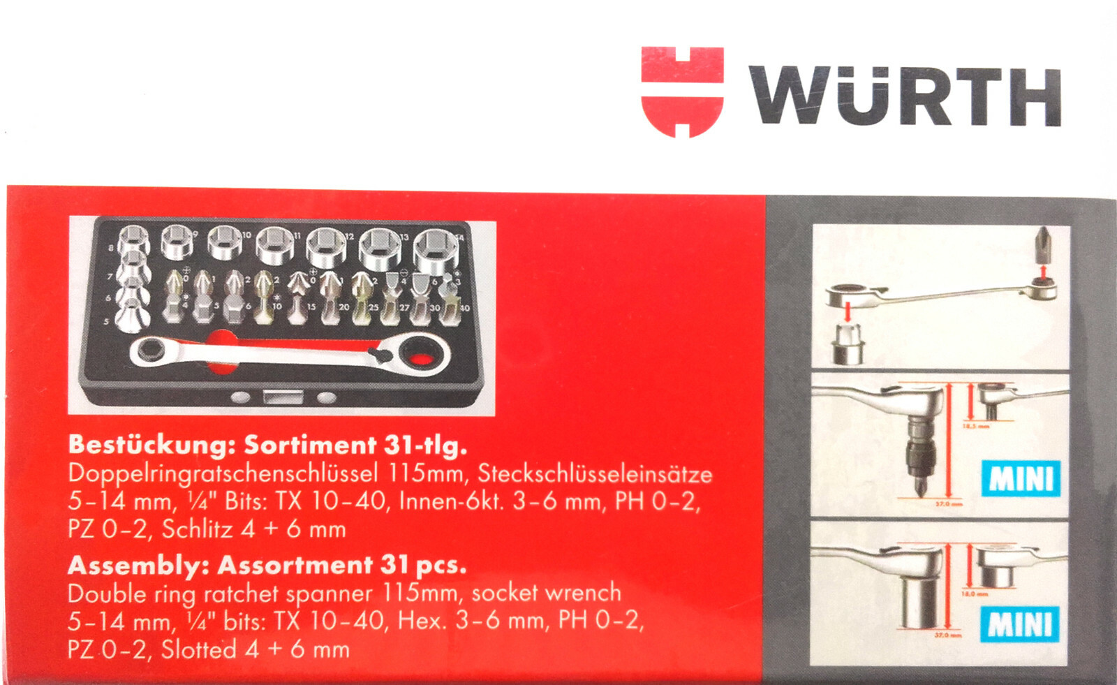 Wurth 096511310 Double Ring Ratchet Spanner Wrench with Bits Mini Set 31pcs