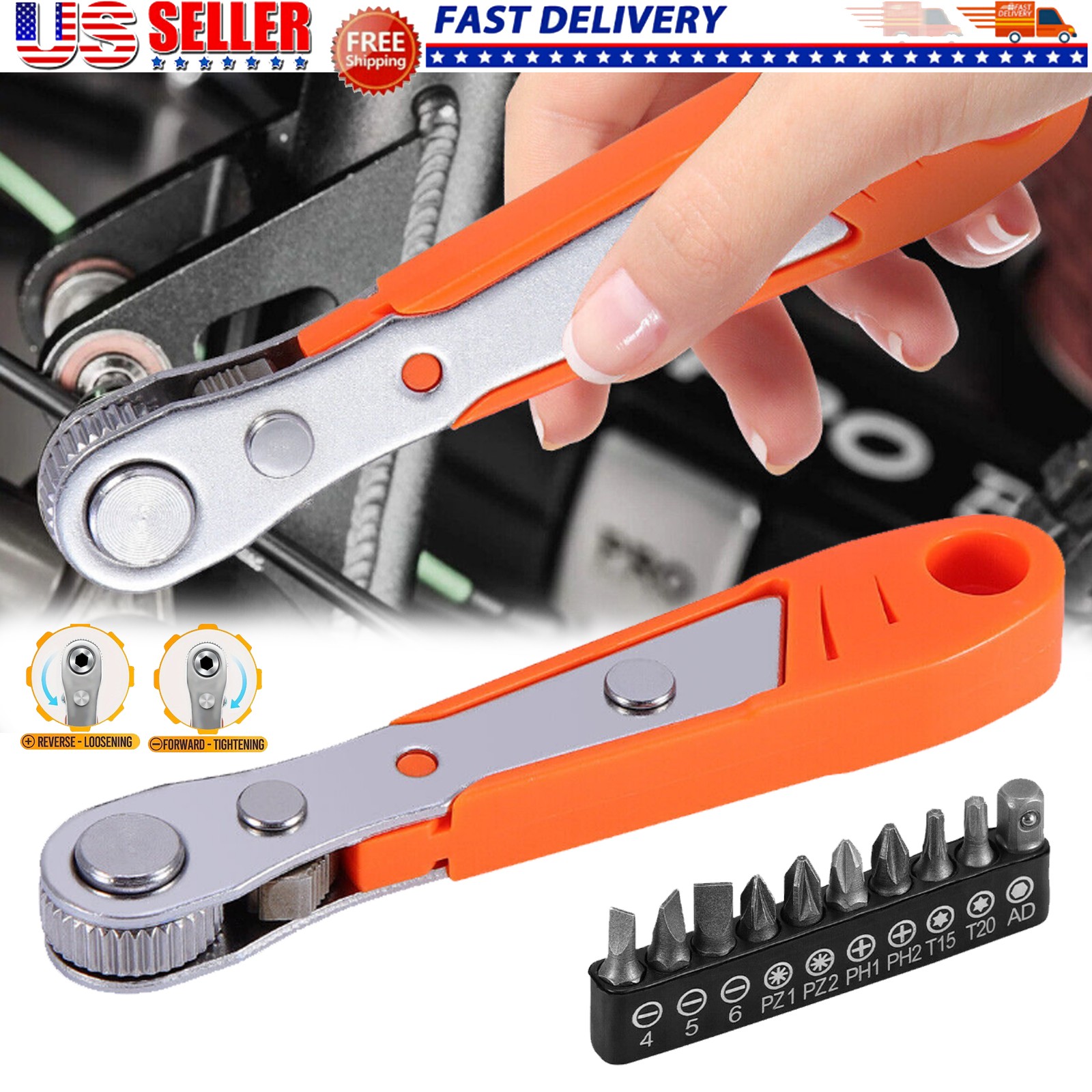 Ratcheting Right Angle Screwdriver Hex Drive 90 Degree Offset + 10pc Bits Set