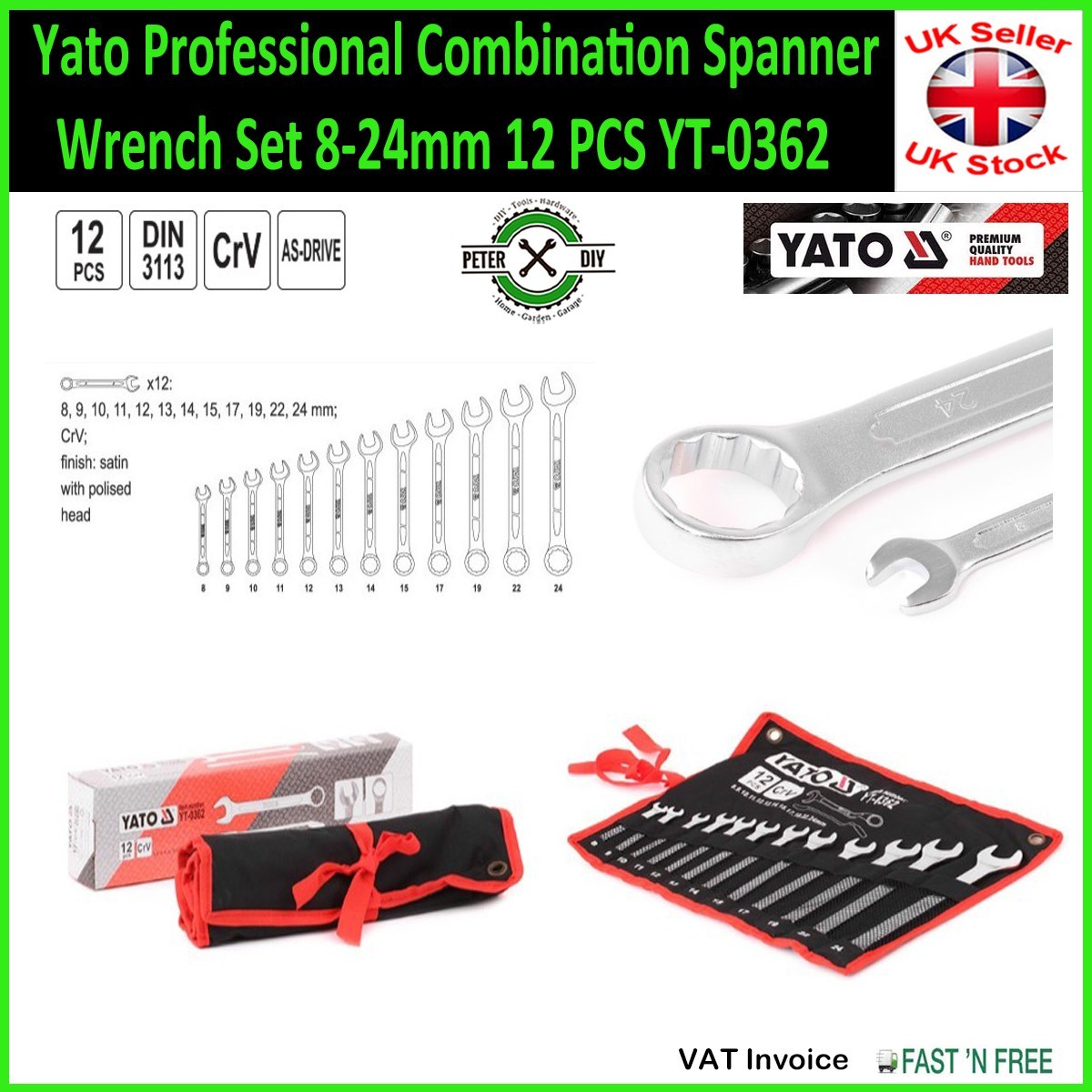 Combination Spanner Wrench Set 8-24mm 12 Pcs Yato Professional YT-0362