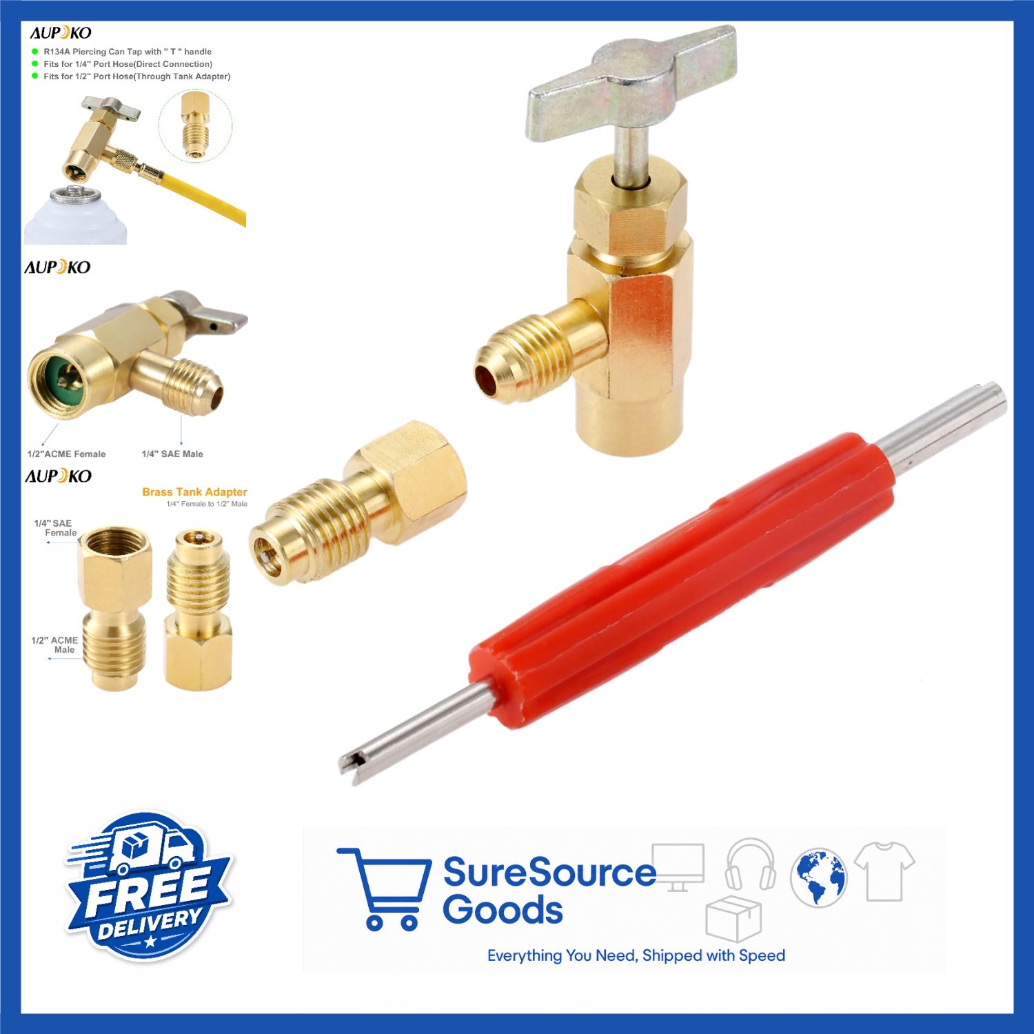 R134A Can Tap with Brass Tank Adapter and Valve Core Remover for AC Systems