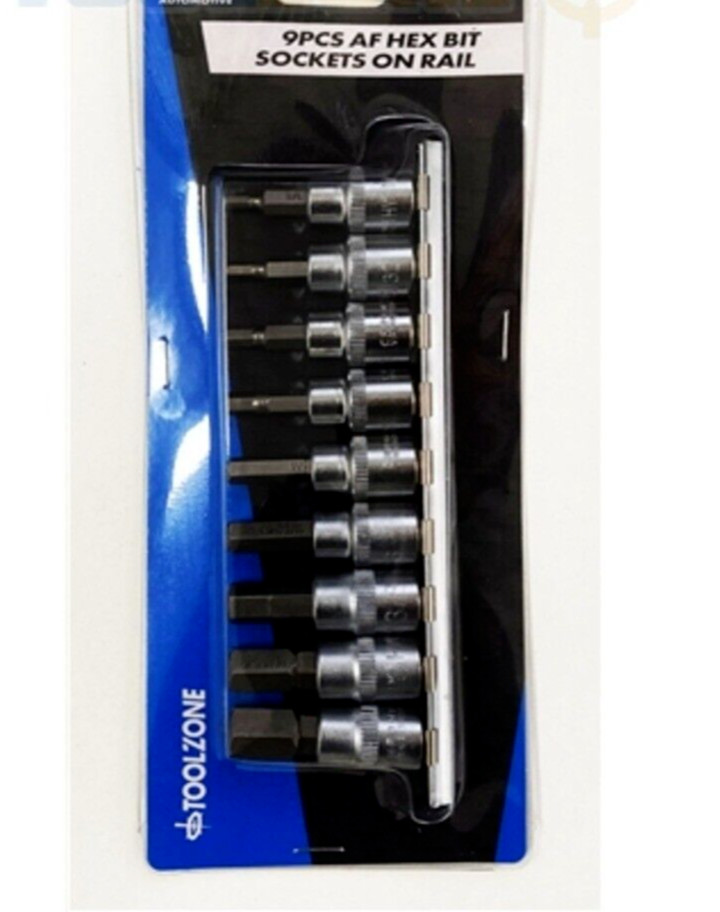 9pc AF Imperial SAE Allen Key male HEX Bit Sockets on rail