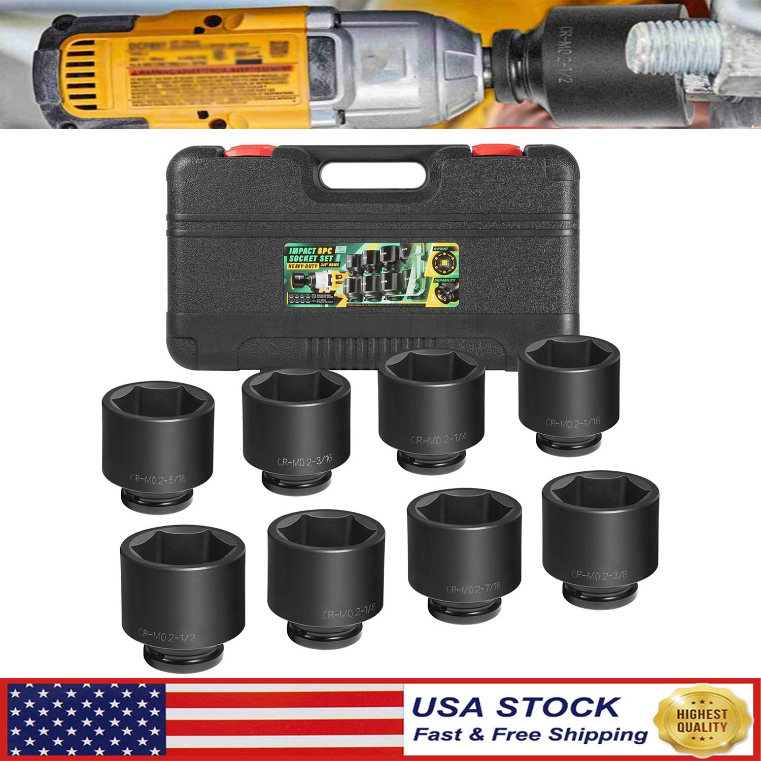 8pcs 3/4″ Drive Jumbo Large Impact Socket Set 6 Point SAE 2-1/16″ to 2-1/2″
