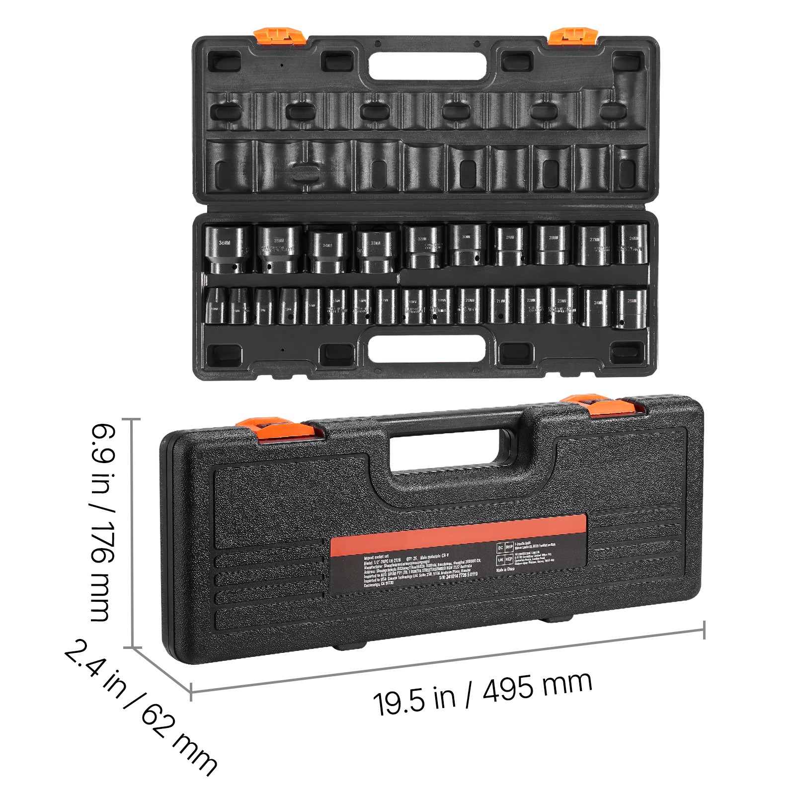 26PCS Impact Sockets Set 1/2 Inch DriveStandard Length Impact Set 6-Point