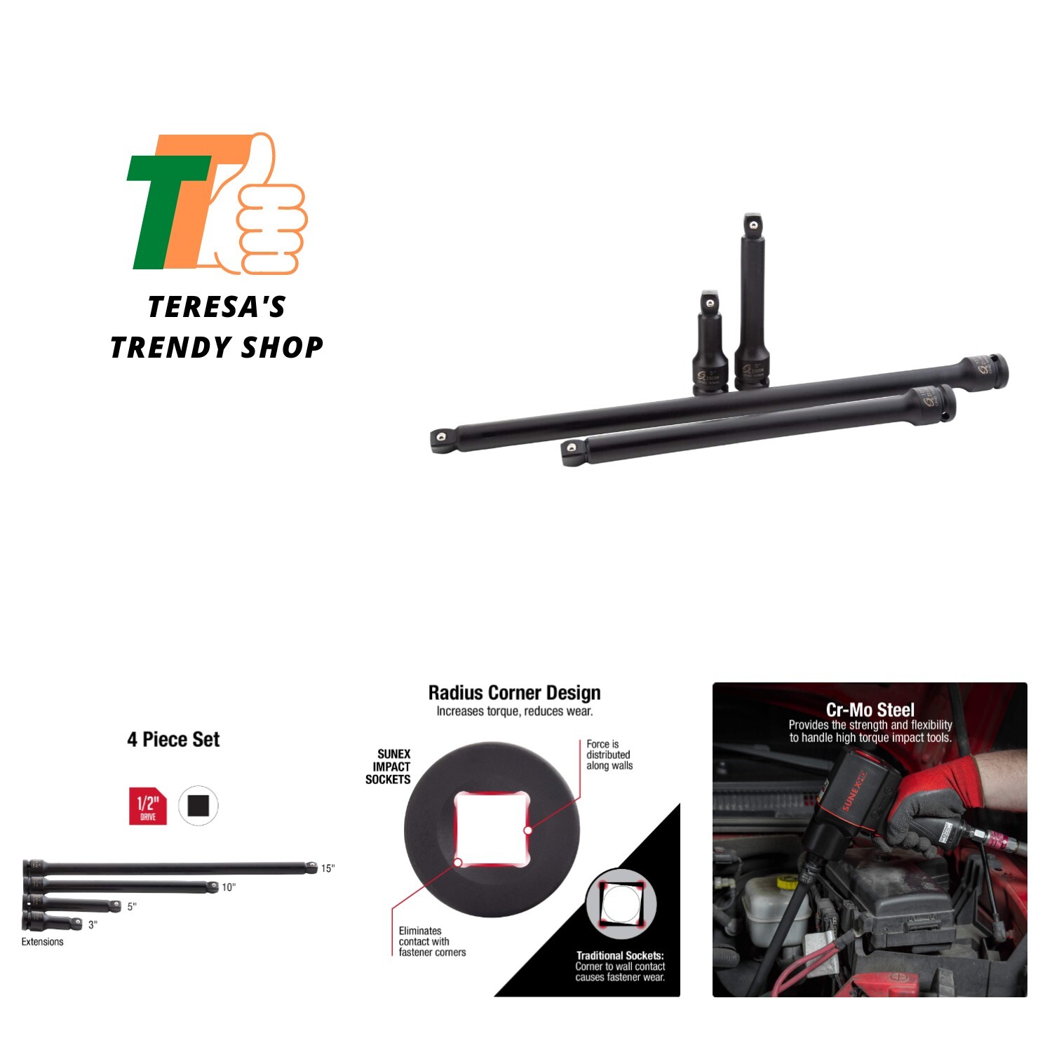 1/2 Inch Drive Impact Extension Set, 4 Piece, SAE, 3 Inch – 15 Inch, Cr-Mo St…