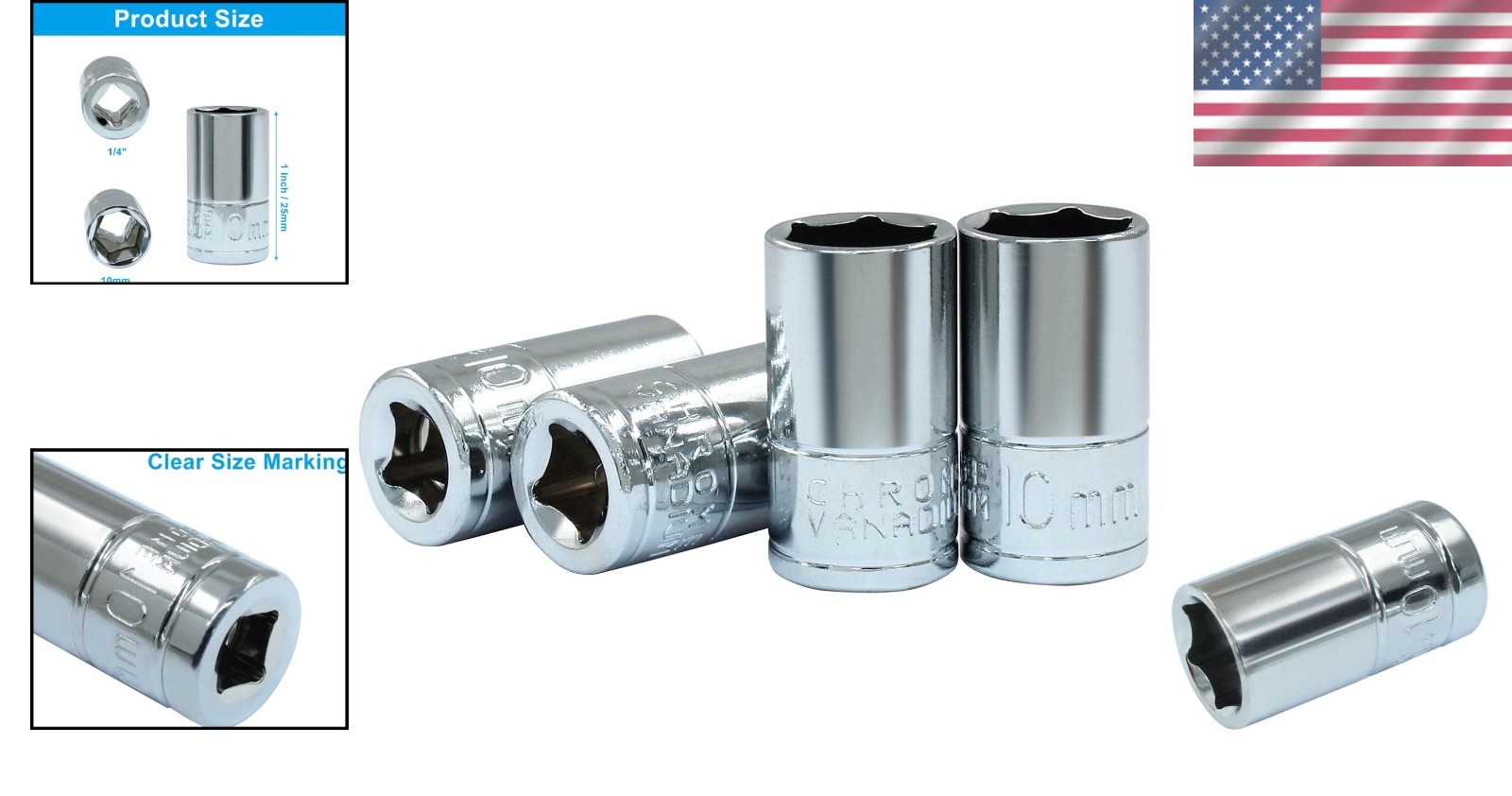1/4-Inch Drive 10mm 6-Point Shallow Socket, Metric, Cr-V Chrome-vanadium 4 Pcs