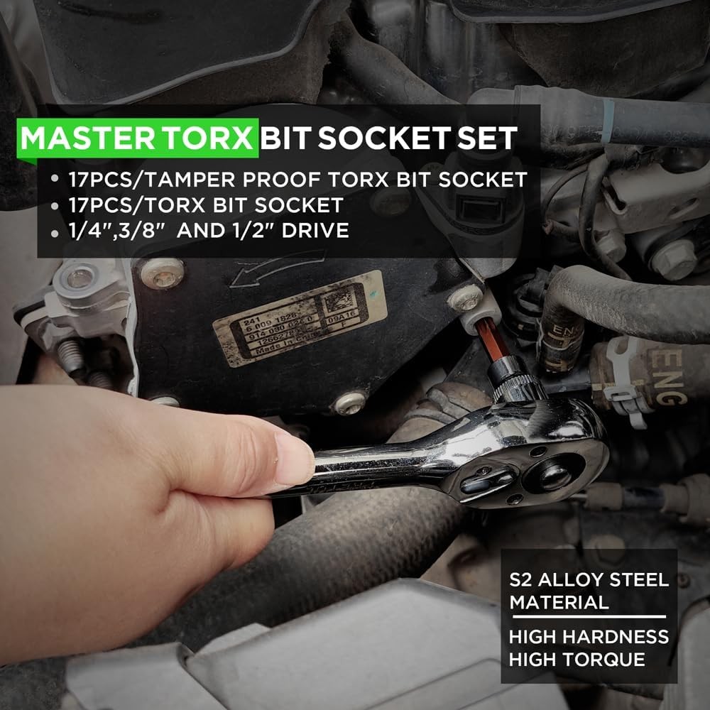 34PCS Master TORX Bit Socket Set,S2 Alloy Steel,Solid Star & Tamper Proof T6~T70
