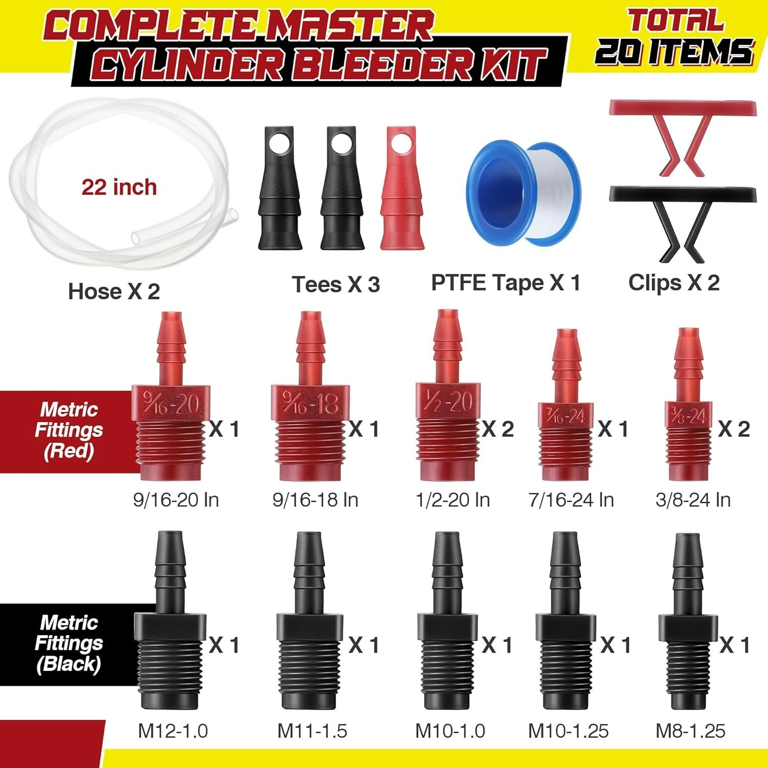 Durable Brake Master Cylinder Bleeder Kit with Clear Hose & 20 Adapters Included