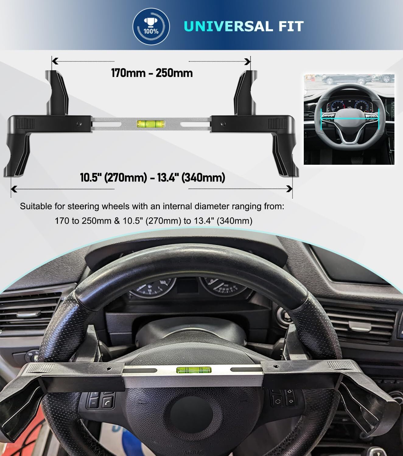 Steering Wheel Level Alignment 170mm-250mm, 10.5″ (270mm) to 13.4″ (340mm)