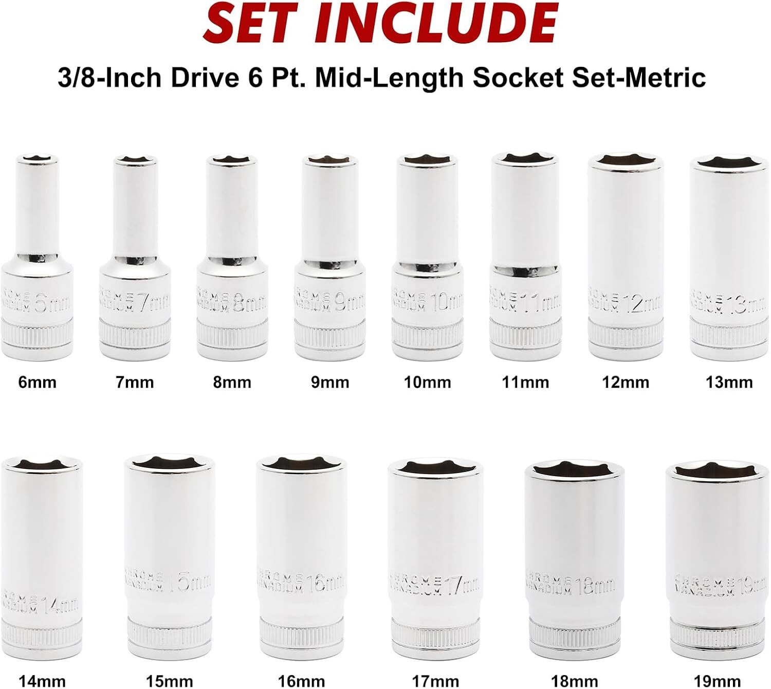 3/8″ Drive Metric Deep Impact Socket Set Mid-Length 6-19 mm 14PCS 6 Point