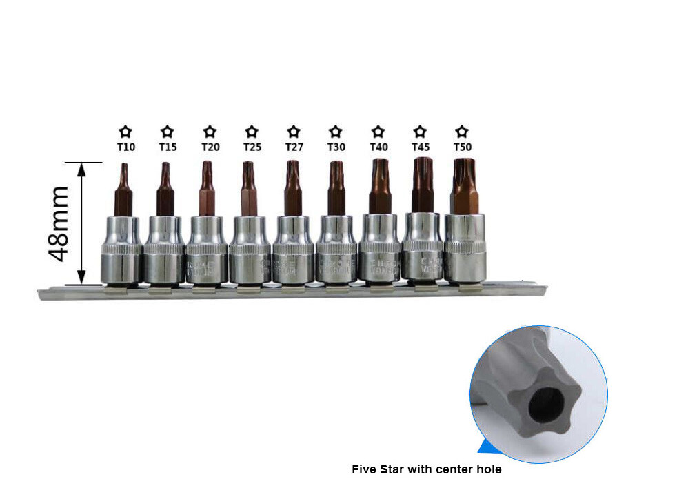9pc 5PT Five-sided Star Tamperproof Socket Bits: TS10-15-20-25-27-30-40-45-50
