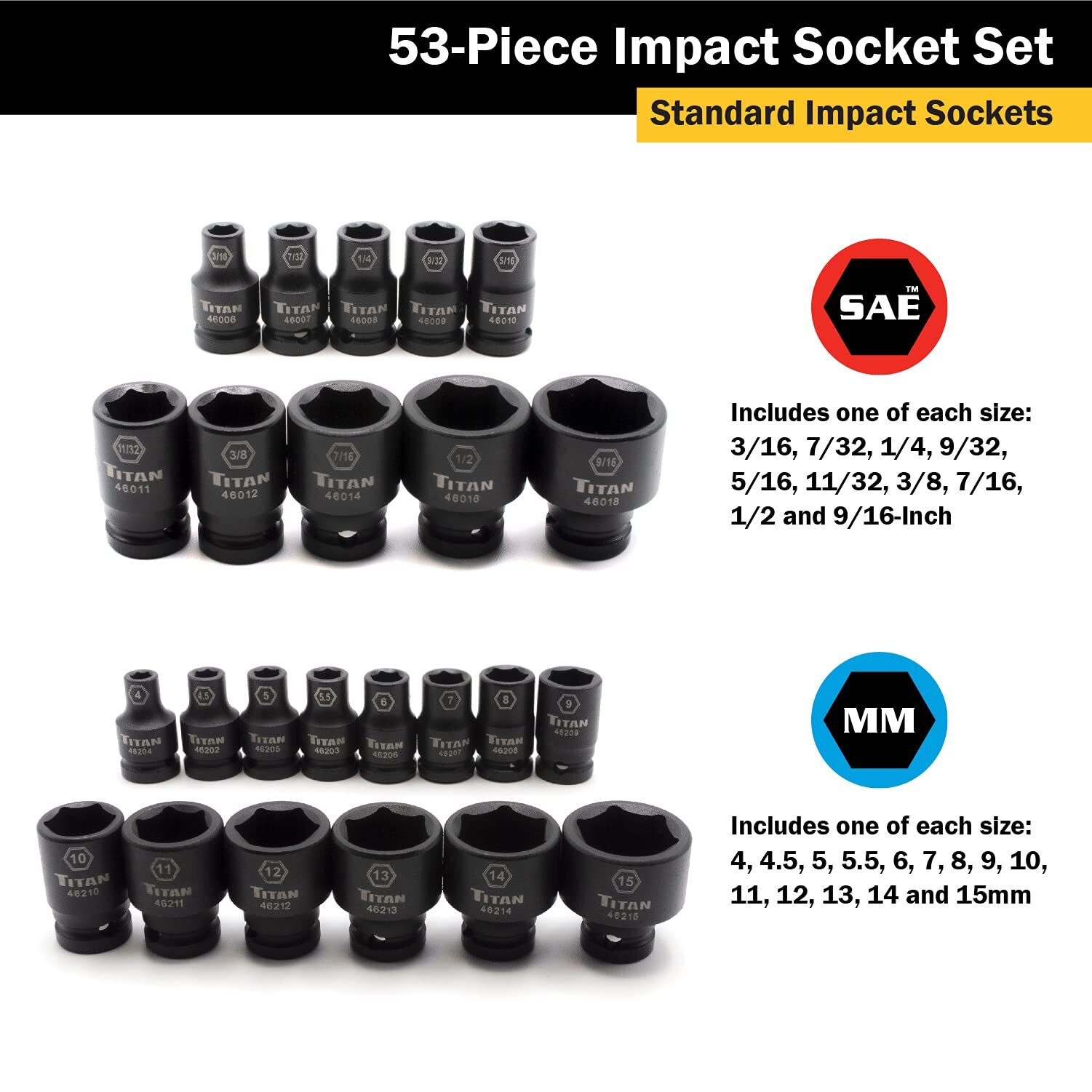 Titan Tools 53 pc. 1/4 in. Drive SAE and Combination Impact Socket Set (46053)