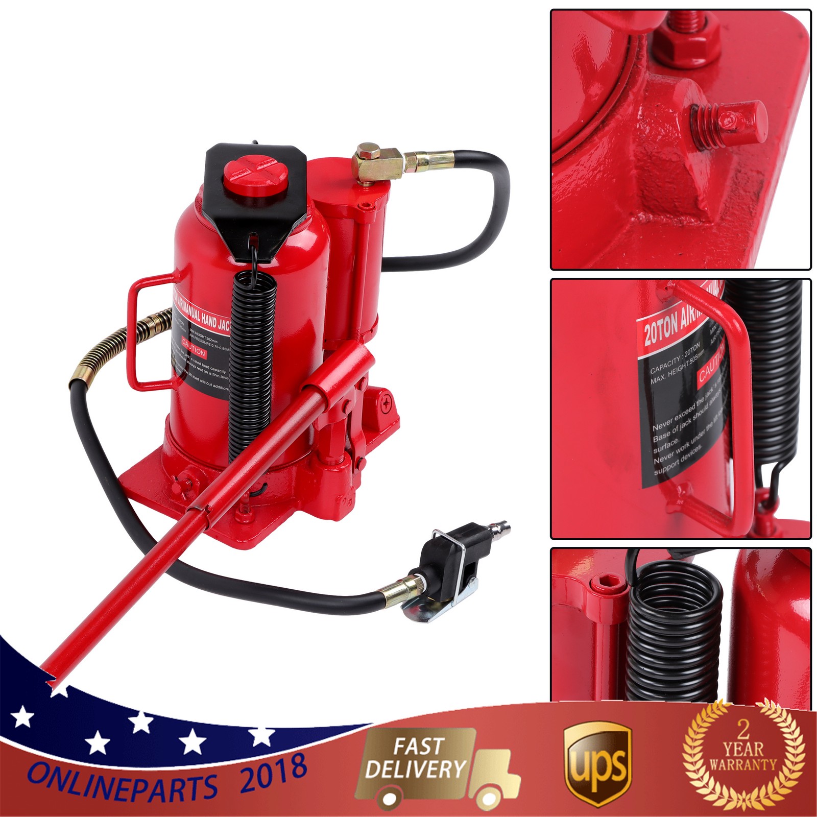 Pneumatic Air Hydraulic Bottle Jack with Manual Hand Pump, 20 Ton (40,000 lb)