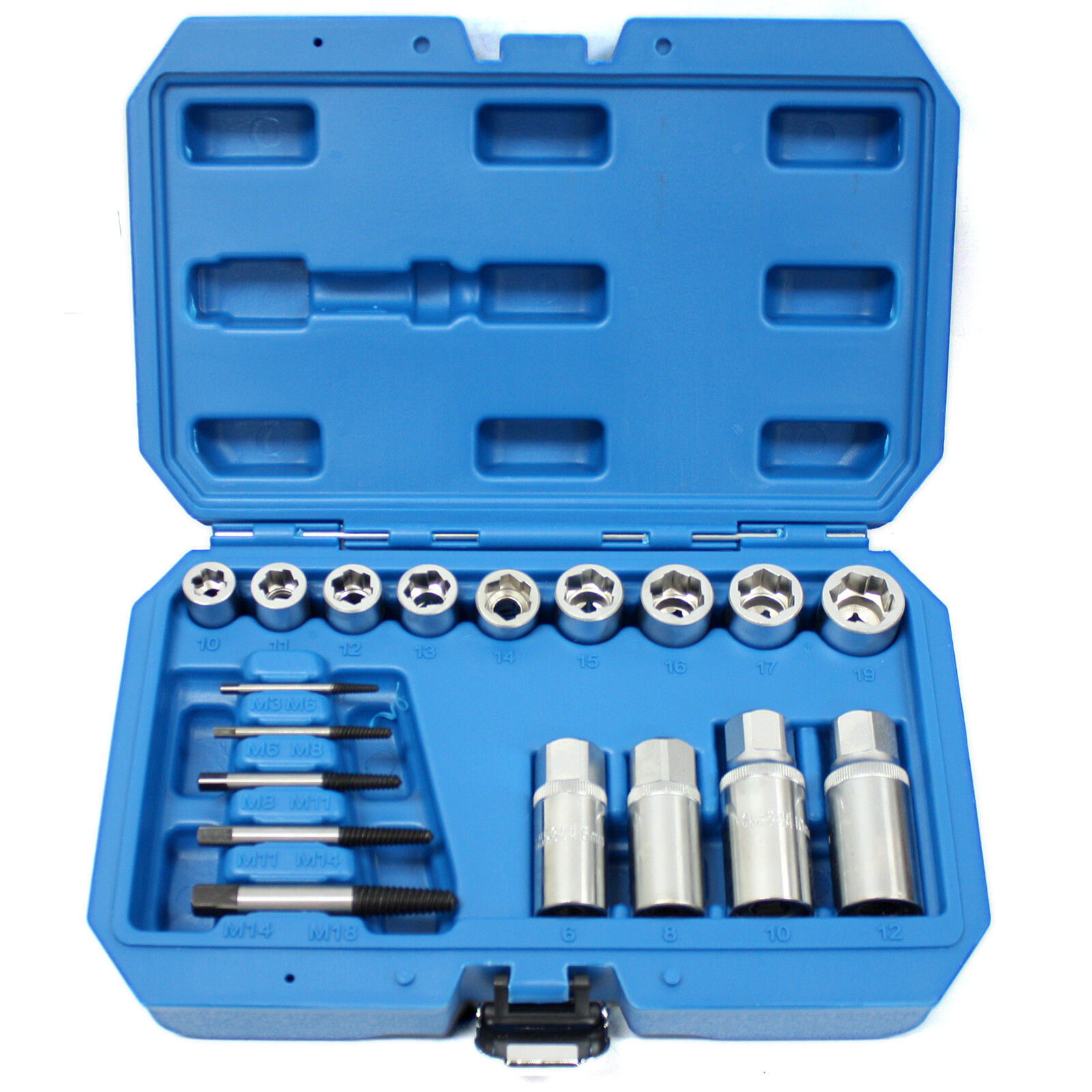 18pcs Damaged Bolt Nut Stud Screw Remover Extractor Sockets Set 1/2″ 3/8″ Dr.