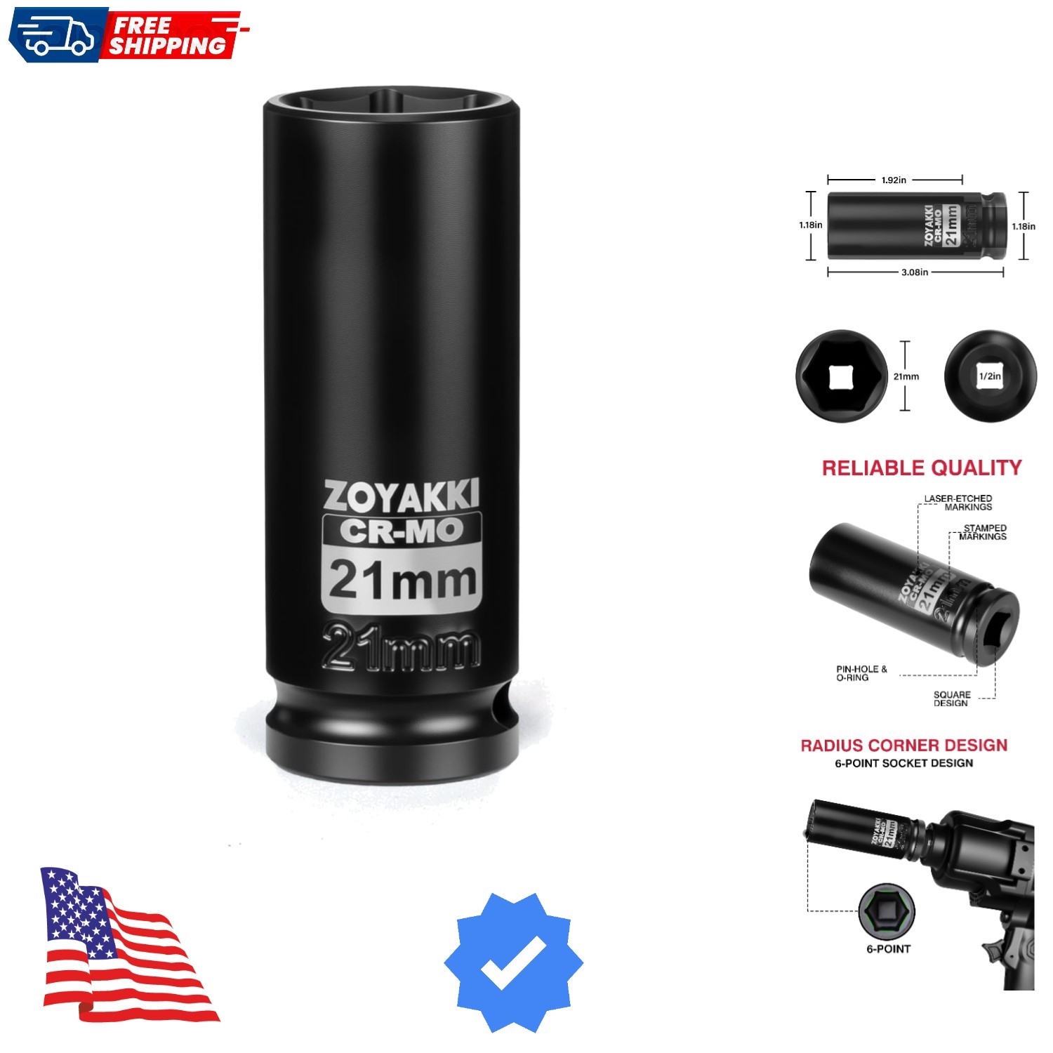 1/2″ Drive x 21 mm Deep 6 PT Impact Socket, CR-MO,1/2-inch Drive 6 Point Axle…