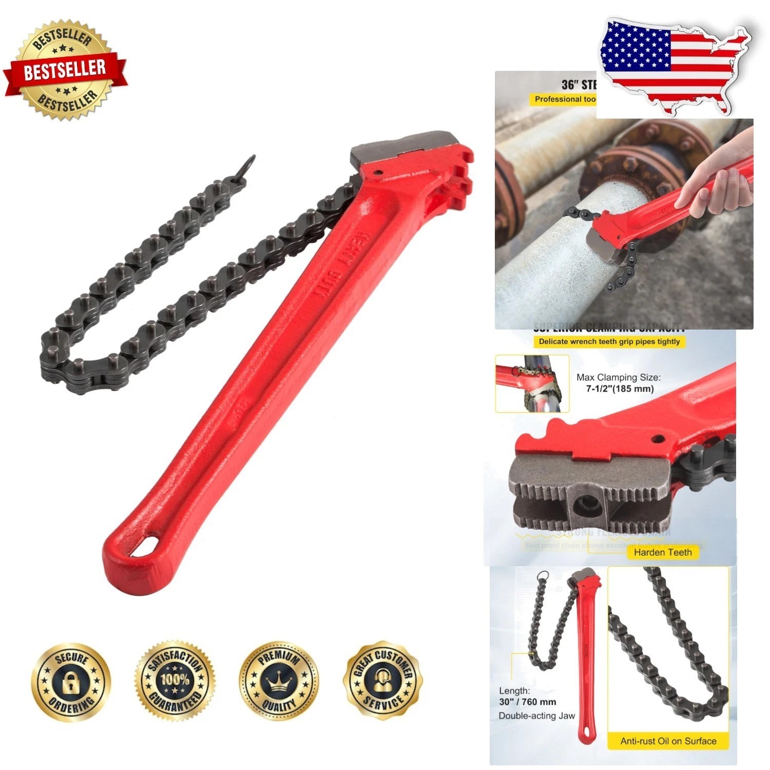 Professional 36″ Oil Filter Chain Wrench, Ergonomic, Powder Coated, Durable