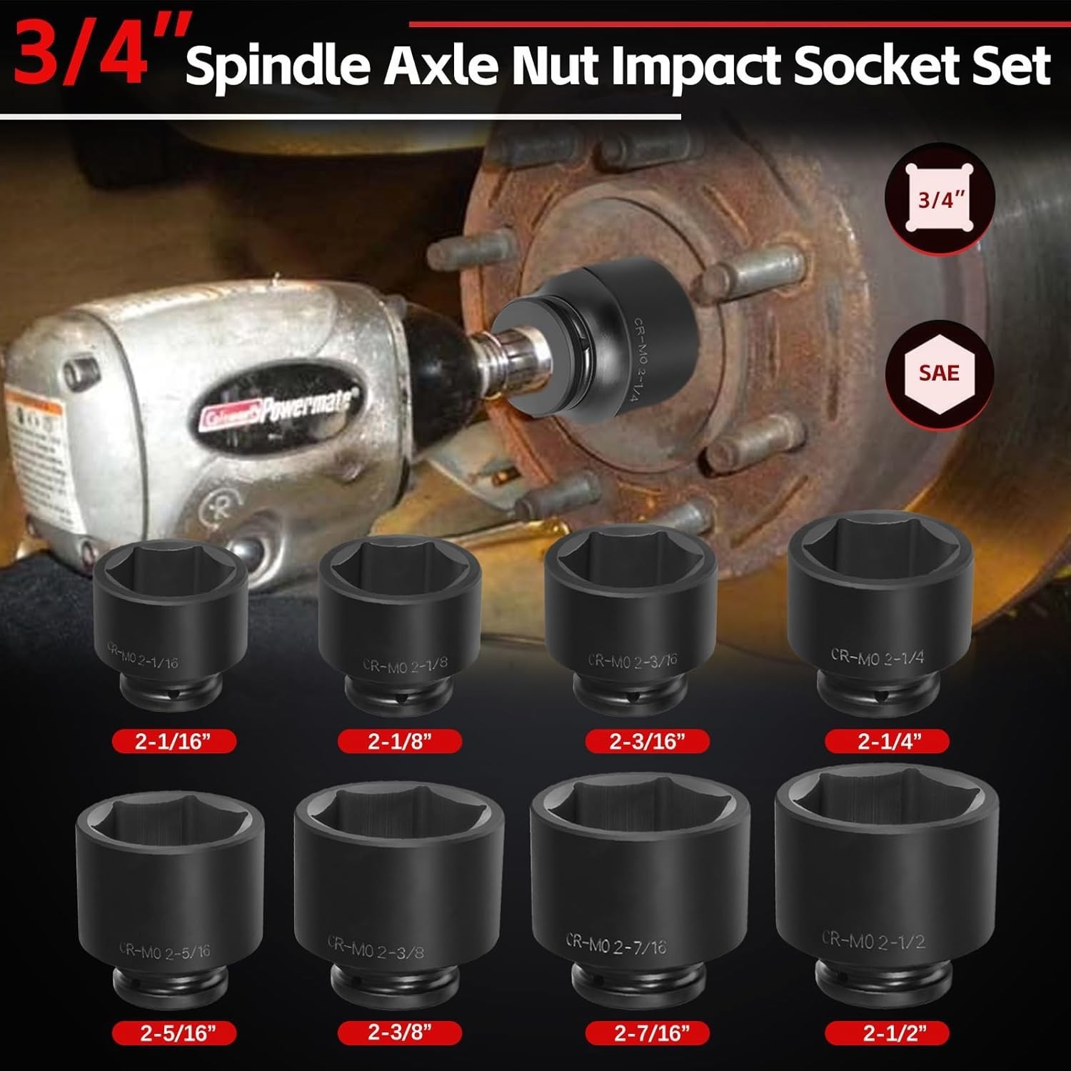 8pcs 3/4″ Drive Jumbo Large Impact Socket Set 6 Point SAE 2-1/16″ to 2-1/2″