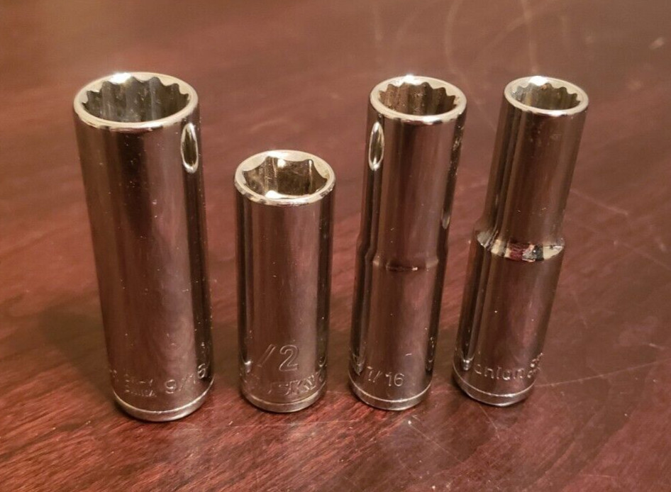 Lot of 4 DEEP Sockets 3/8″ Drive including 9/16″ 1/2″ 7/16″ 3/8″ Funky Formats