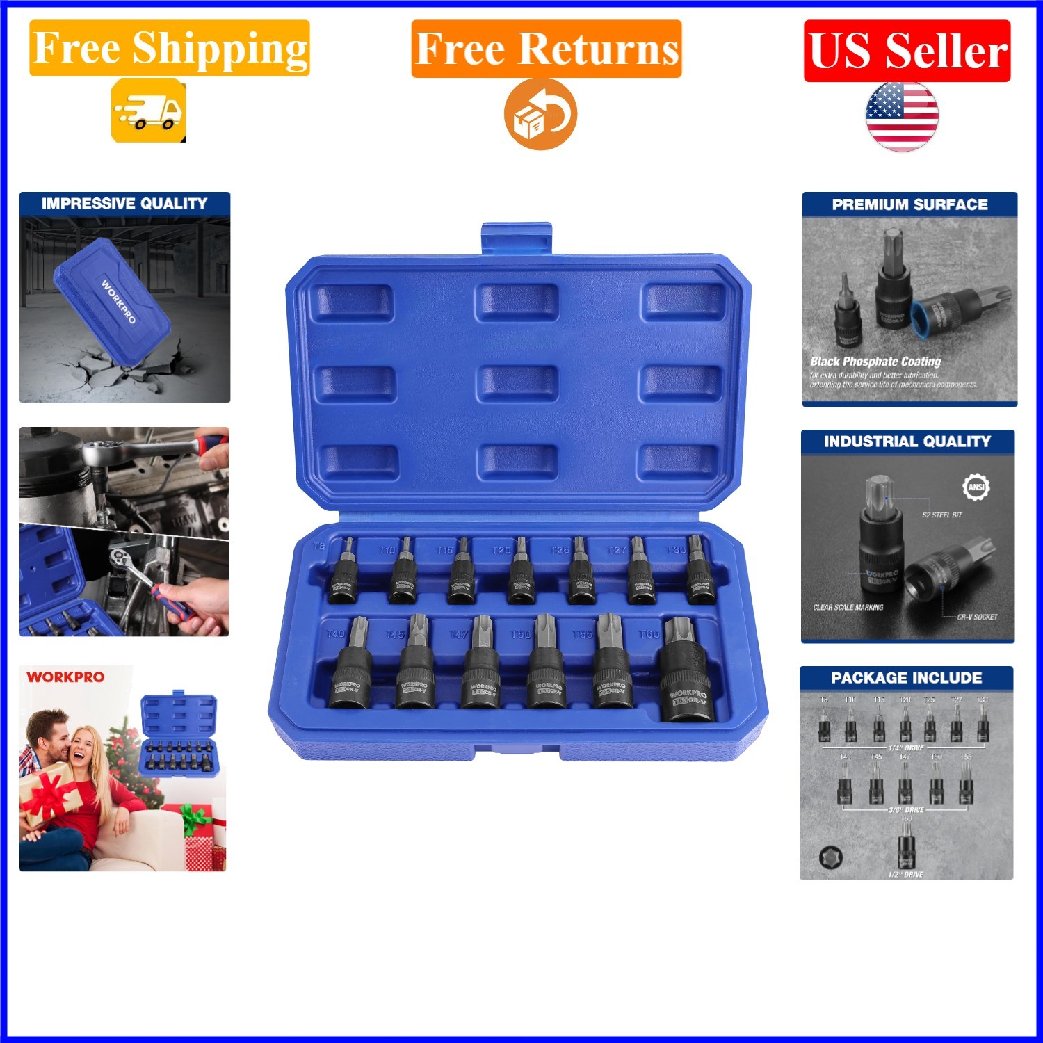 13-Piece Torx Socket Set with Storage Case, S2 Steel, Multiple Drive Sizes