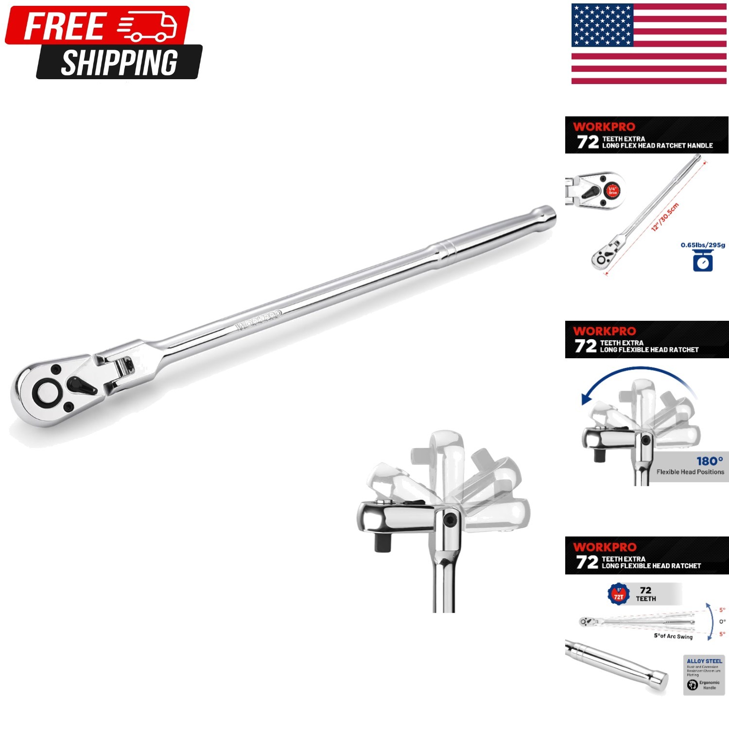 1/4″ Drive 72 Tooth Quick Release Locking Flex Slim Head Ratchet, 12″ – 81030