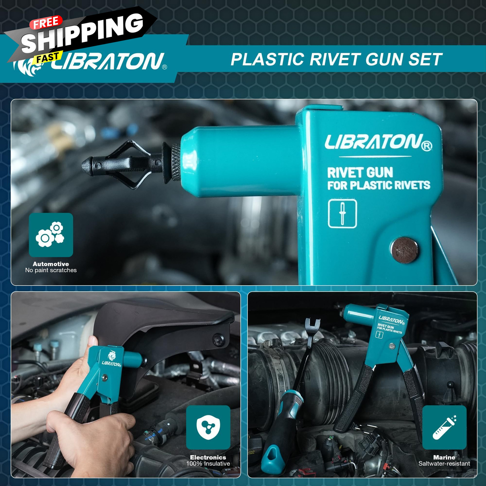LIBRATON Plastic Rivet Gun Kit with Fastener Remover, 90 Degree Angle Hand…