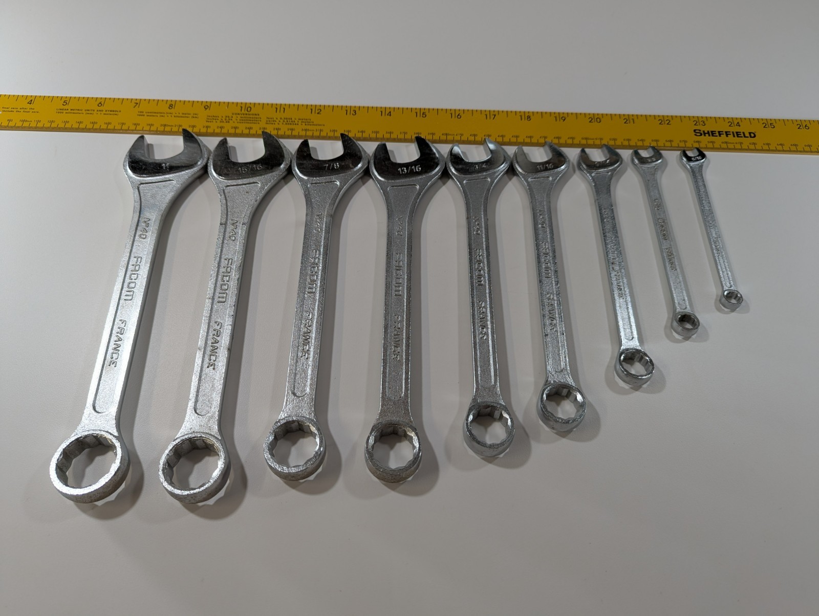 9 Facom France SAE Comb Wrenches 1″15/16″ 7/8″ 13/16″3/4″ 11/16″ 9/16″ 3/8″5/16″