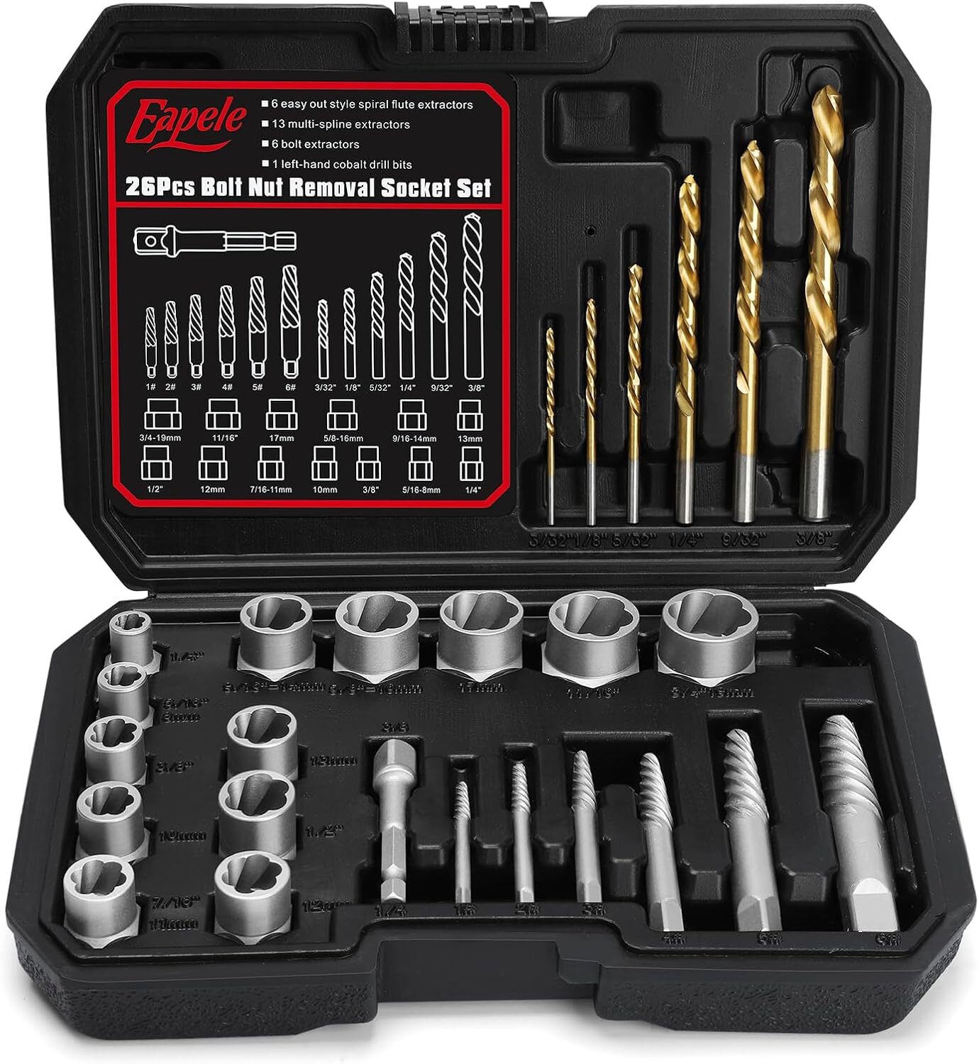 Eapele Bolt Extractor Set, Stripped Nut Remover Twist Sockets, Fit 3/8″ Square D