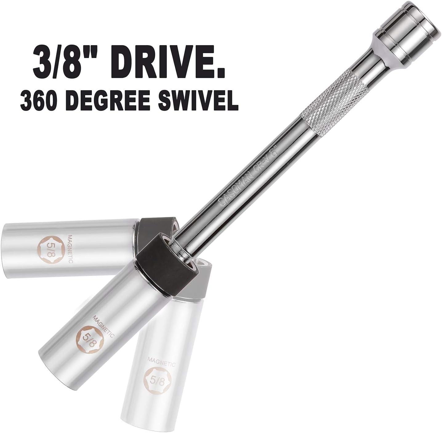 5/8″ Swivel Magnetic Spark Plug Socket, 3/8″ Drive x 8-Inch Ext. Bar Length, …