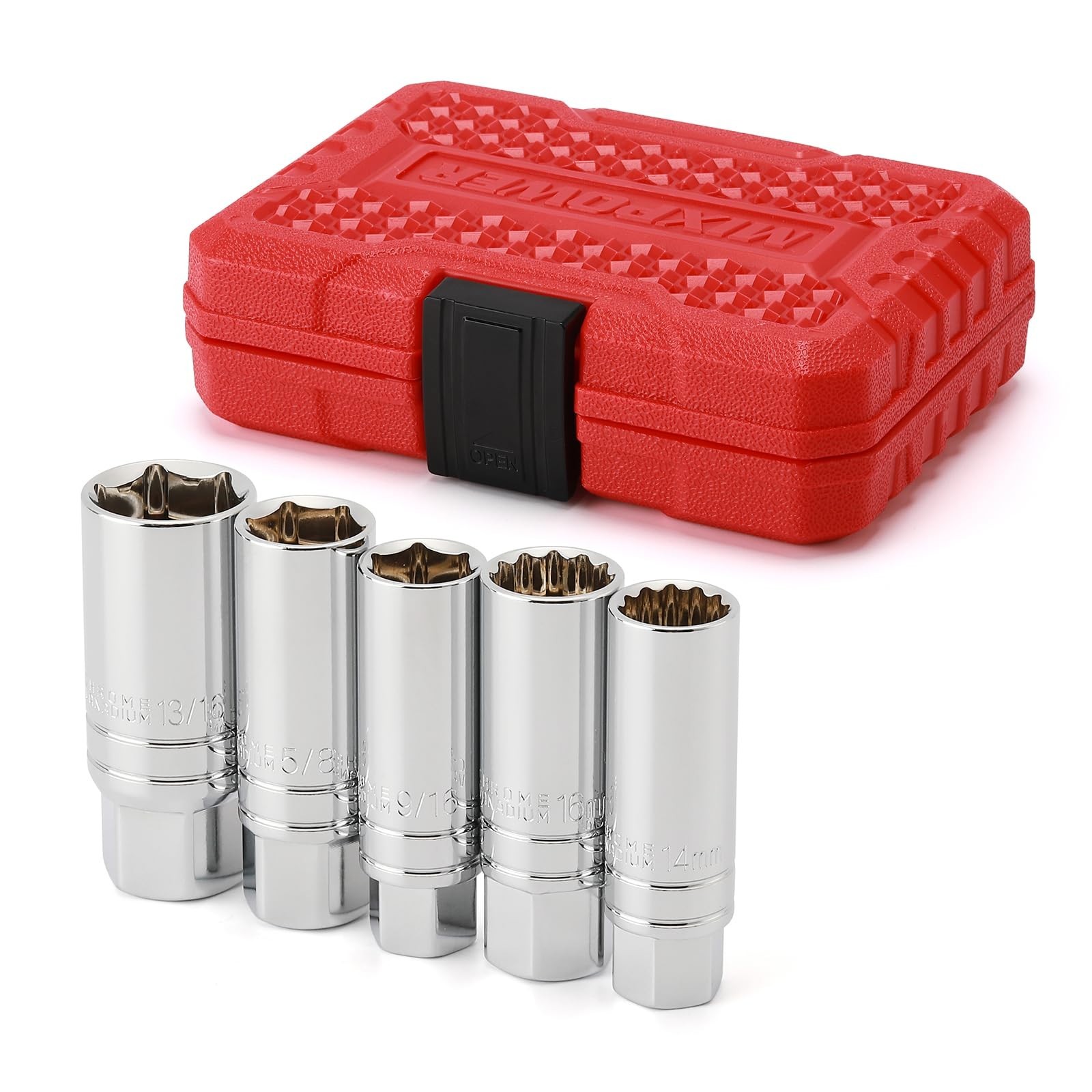 5PCS Magnetic Spark Plug Socket Set, 3/8″ Drive, 14mm, 16mm, 5/8″, 3/4″, 13/16″