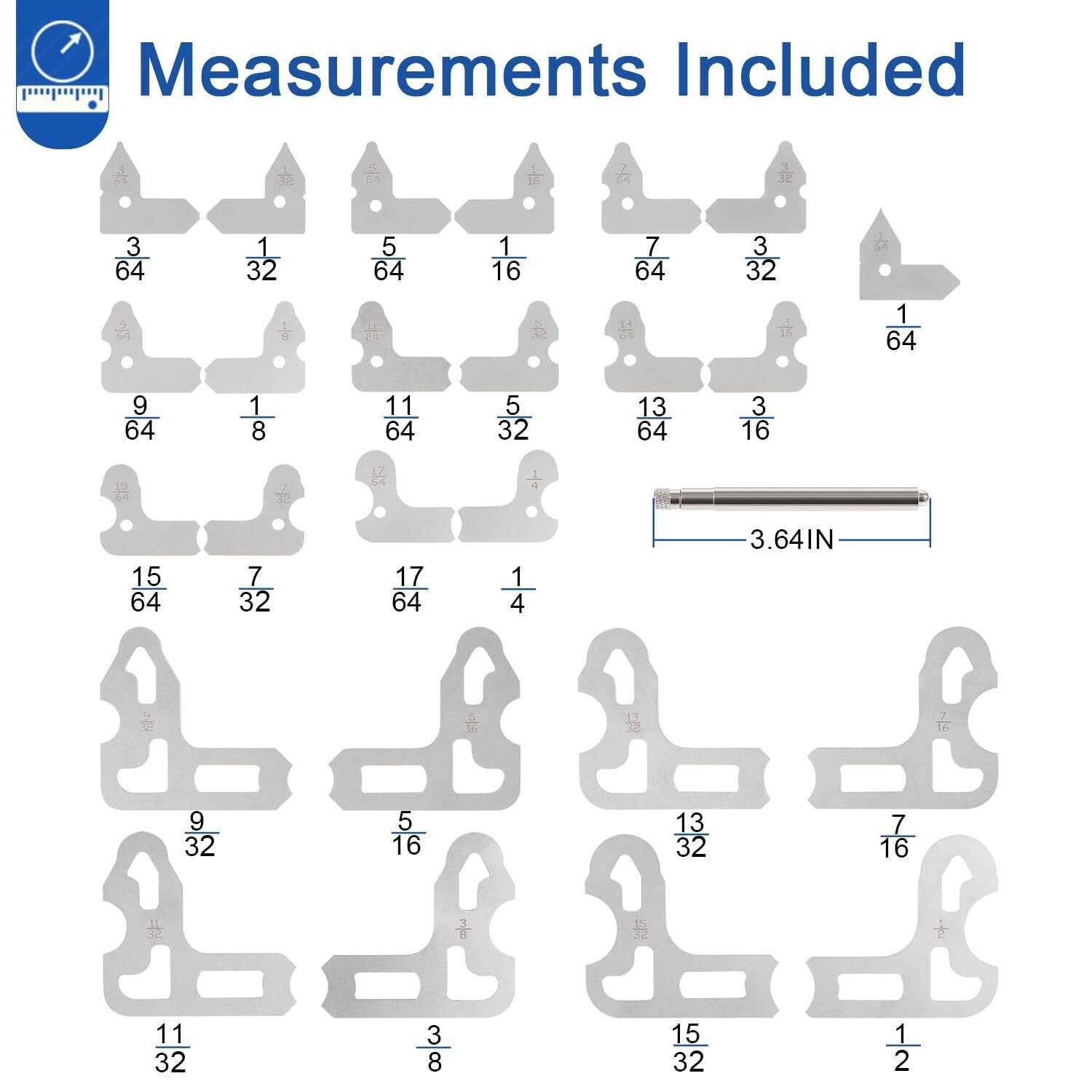 Radius Gauge Set25PCS 1/64-1/2 Stainless Steel Measuring Tool w Holder 3602-5021