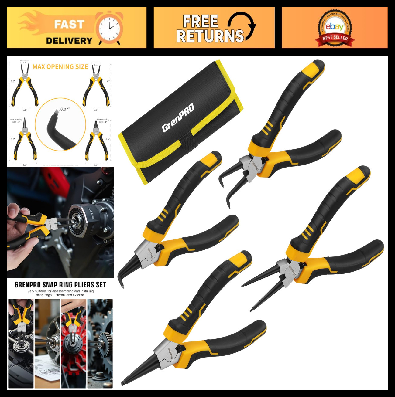 4-Piece Snap Ring Pliers Set – 7″ Internal/External Circlip Tool Kit, Heavy Duty