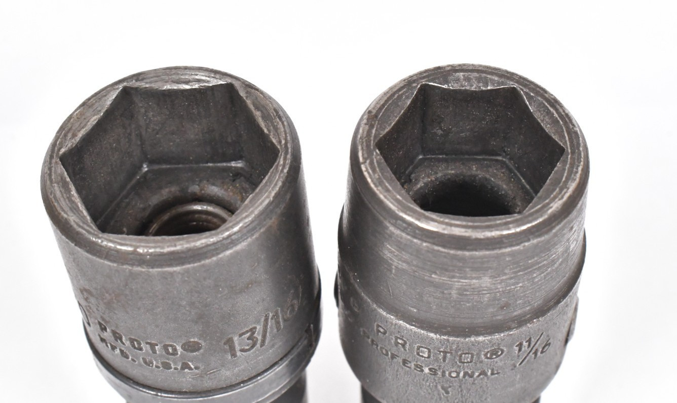 2x Vtg PROTO 1/2″ Drive Flex Sockets Hex 6-Point 11/16″ & 13/16″ Made in USA VGC