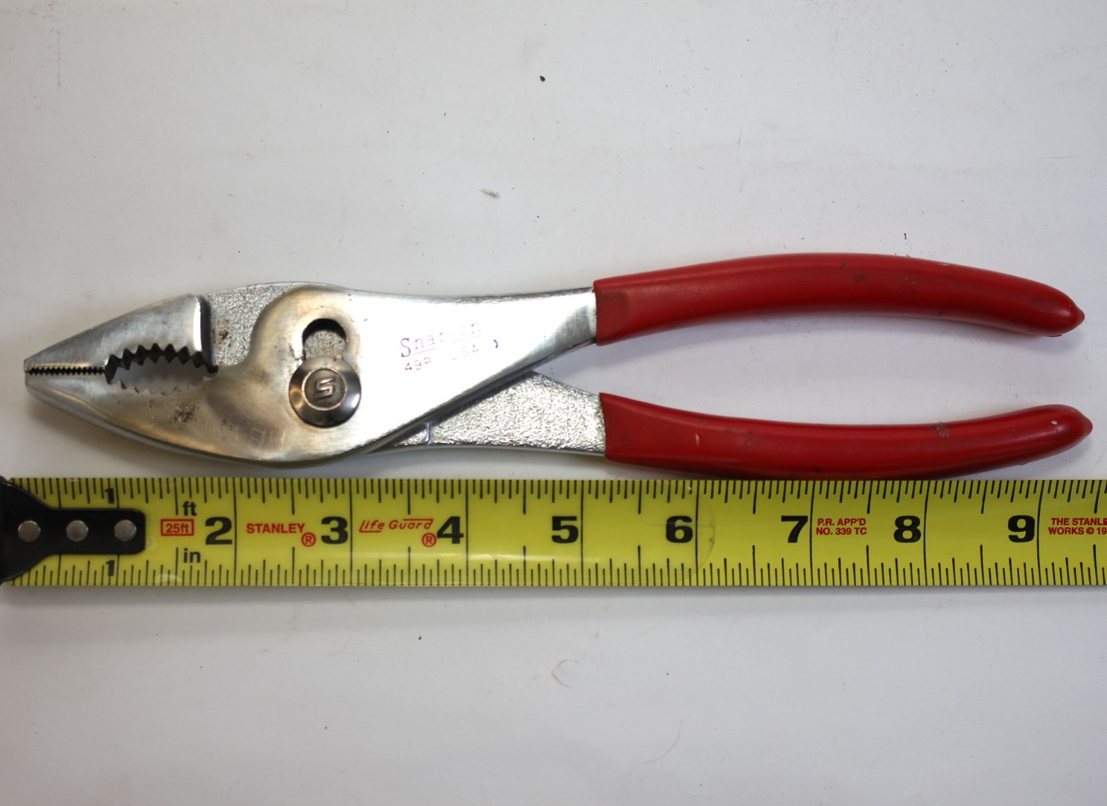 Snap-On USA No. 49P Slip Joint Pliers Red Grips 9″ long 1991 Date Made in USA