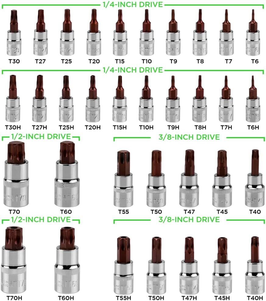 34PCS Master TORX Bit Socket Set,S2 Alloy Steel,Solid Star & Tamper Proof T6~T70