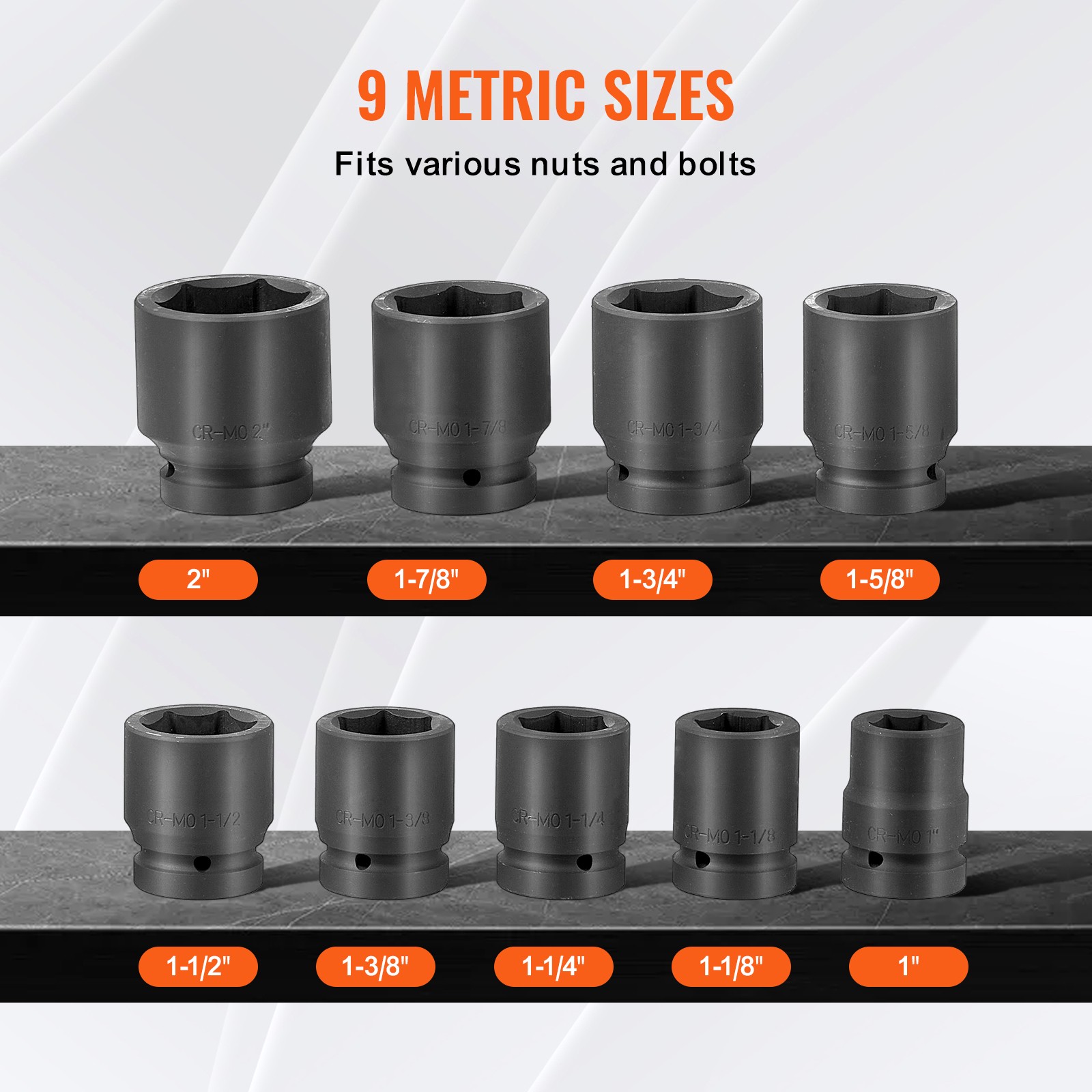 Axle Nut Impact Socket Set 1″ Drive 6-Point 9PCS SAE Spindle Nut Socket